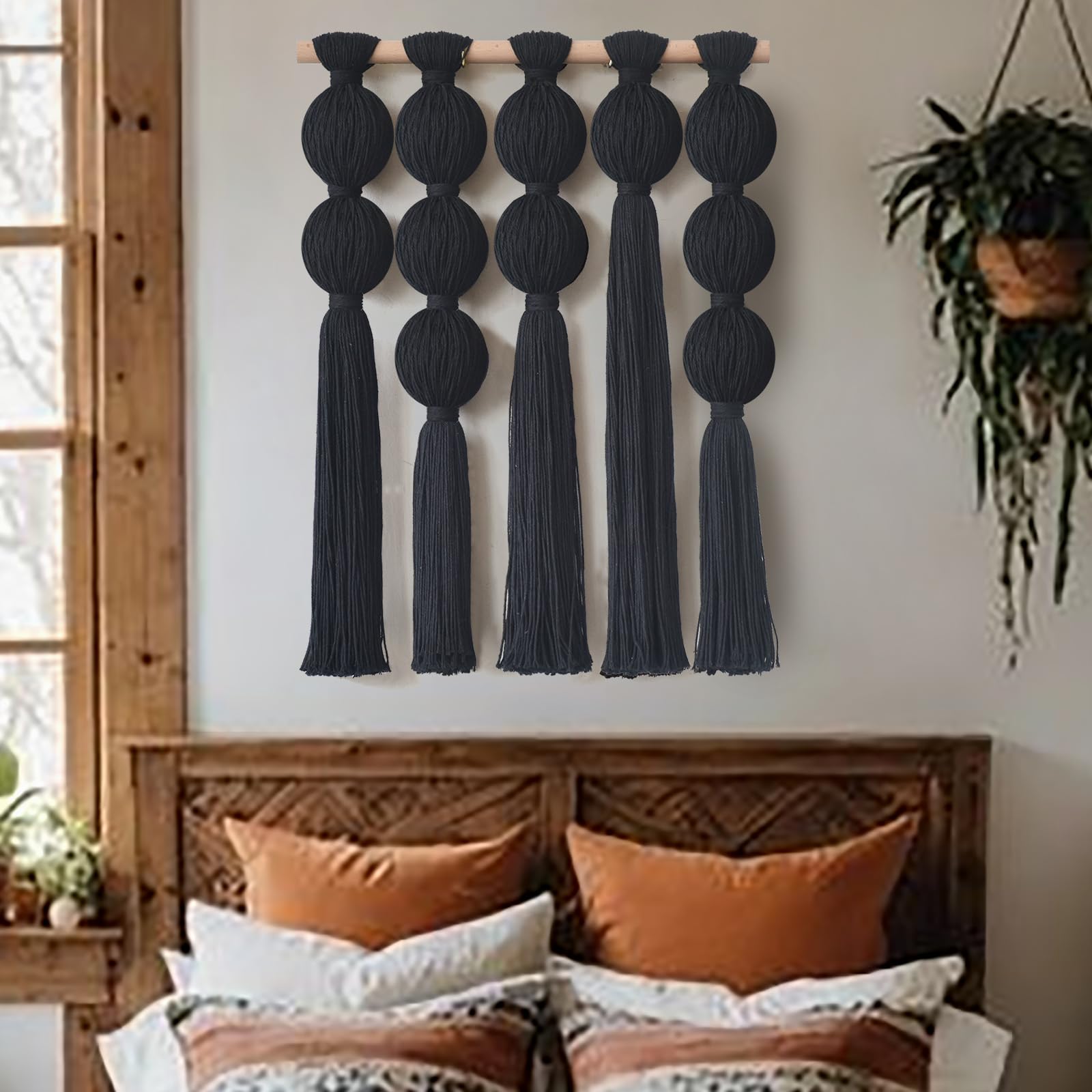 Jakalin Makramee-Wandbehang, schwarze Boho-Wandkunst mit Quasten, moderne Faserwandkunst für Wohnzimmer, Schlafzimmer, Büro