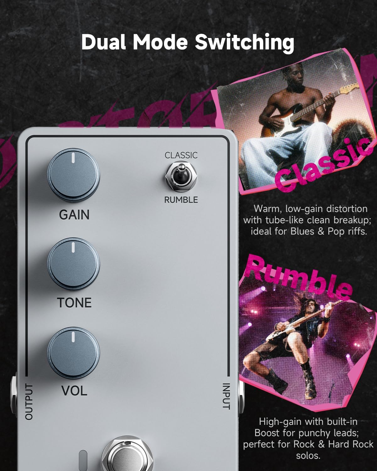 Donner X Ruben Wan UMBRIA Distortion Pedal, Dual-Mode Analog Guitar Effect Pedal with True Bypass, GAIN/TONE/VOL Control for Electric Guitar & Bass, DIY Stickers & Panda Fret Wrap Included