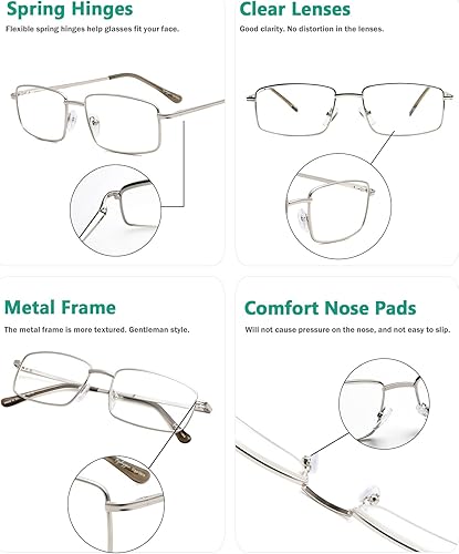 Miniatura 5 de Eyekepper Paquete de 3 lentes de lectura rectangulares de metal con templo de primavera para hombre, color plateado +1.5