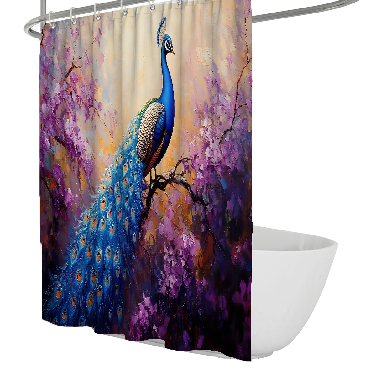 UERWOWELL Vintage Blue Peacock and Flower Shower Curtain Classic Asian Art Pattern Watercolor Botanical Tree Blossom Polyester Fabric Bathroom Curtain W200xL200 cm