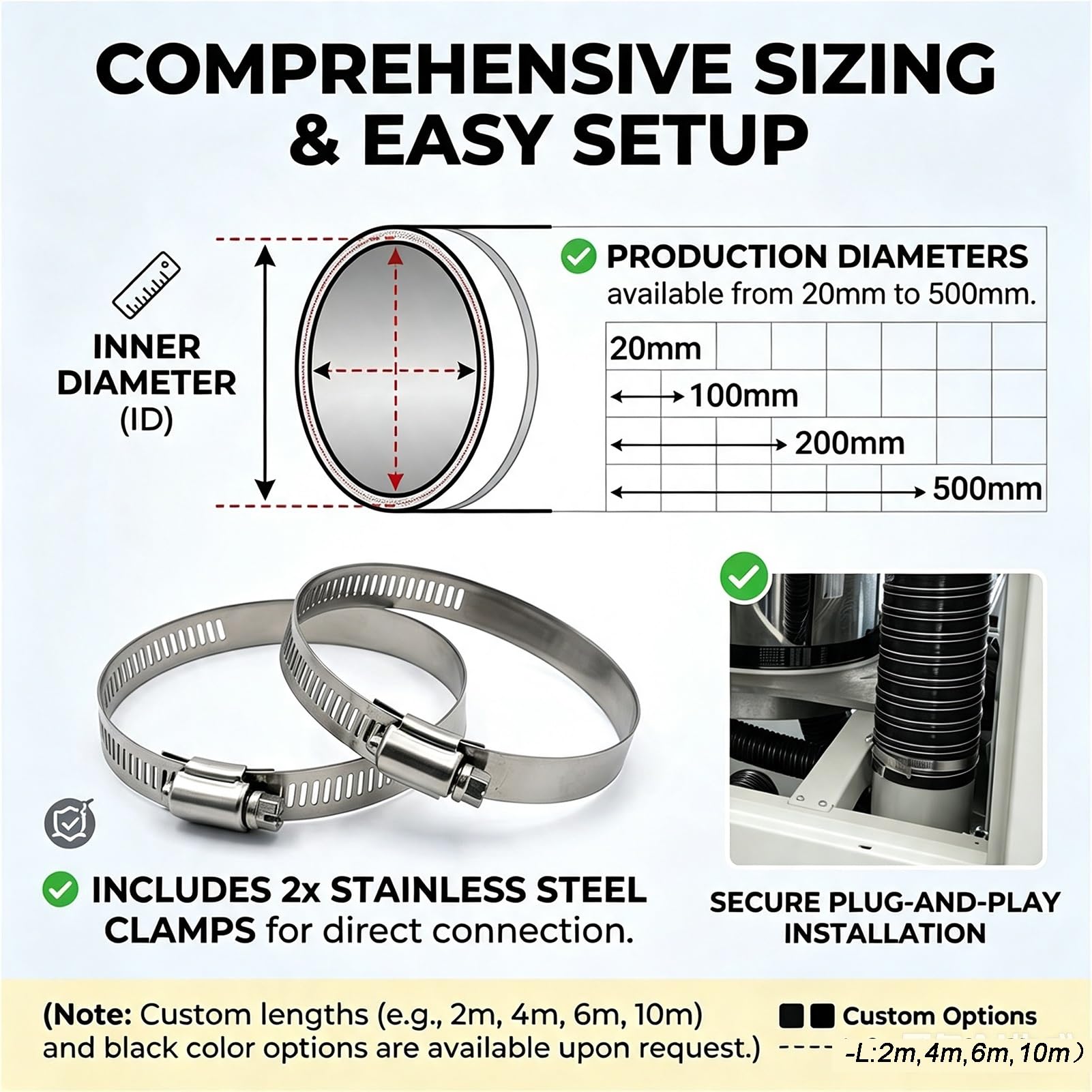 Tubo Flessibile Silicone 200mm Aspirazione Aria E Fumi | Fascette SUS | Fibra Vetro Siliconata | Rinforzo Filo D'acciaio | Rimozione Fumi Efficace(L2m/6.6FT,Id(A)/45mm/17.7in)