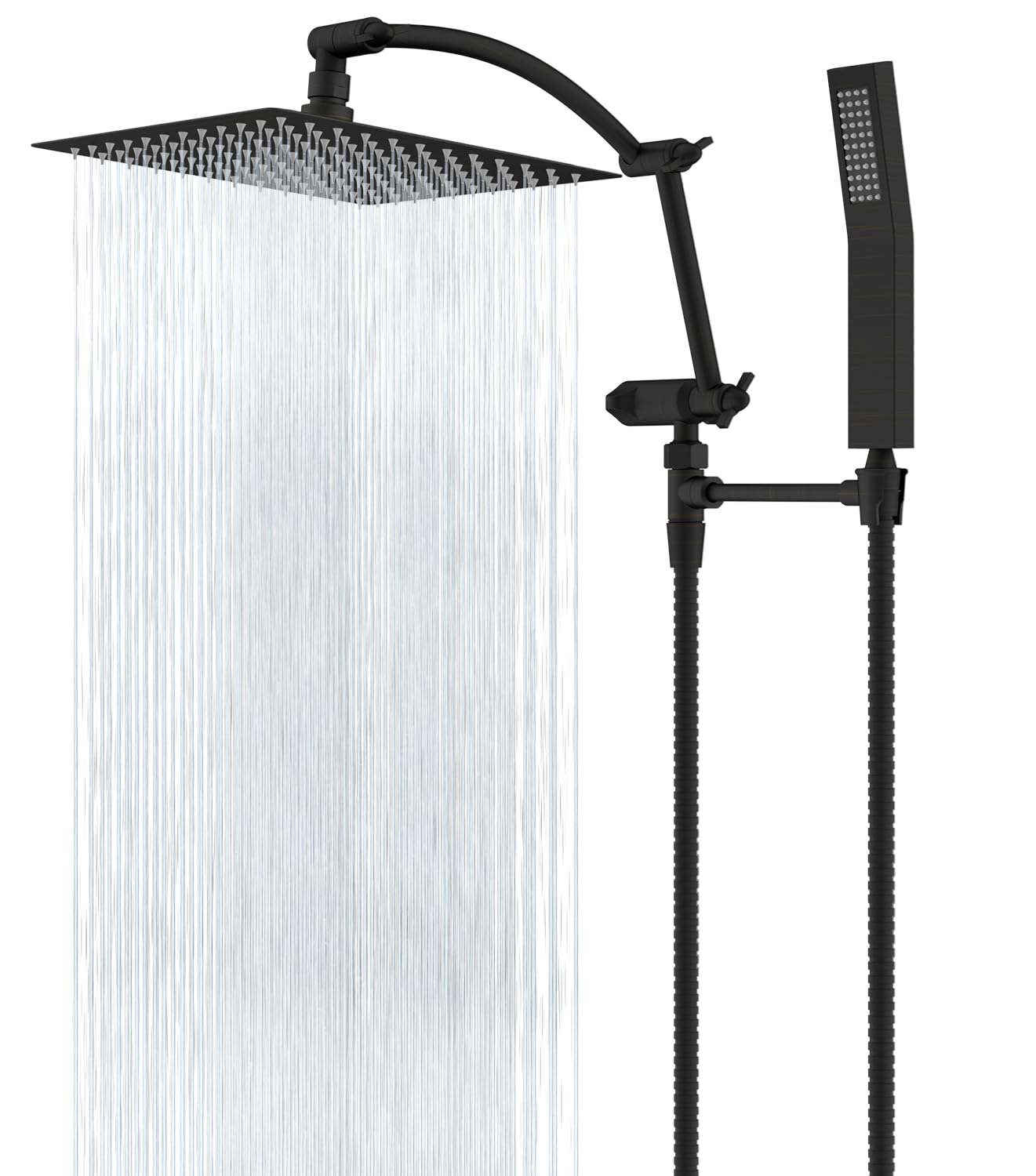 All Metal 10'' Rainfall Shower Head, Square Shower Head Combo, High Pressure Handheld Shower Wand, 16'' Adjustable Arc-shaped Shower Extension Arm, 71'' Hose, 2 Showerhead Holders, Oil-Rubbed Bronze