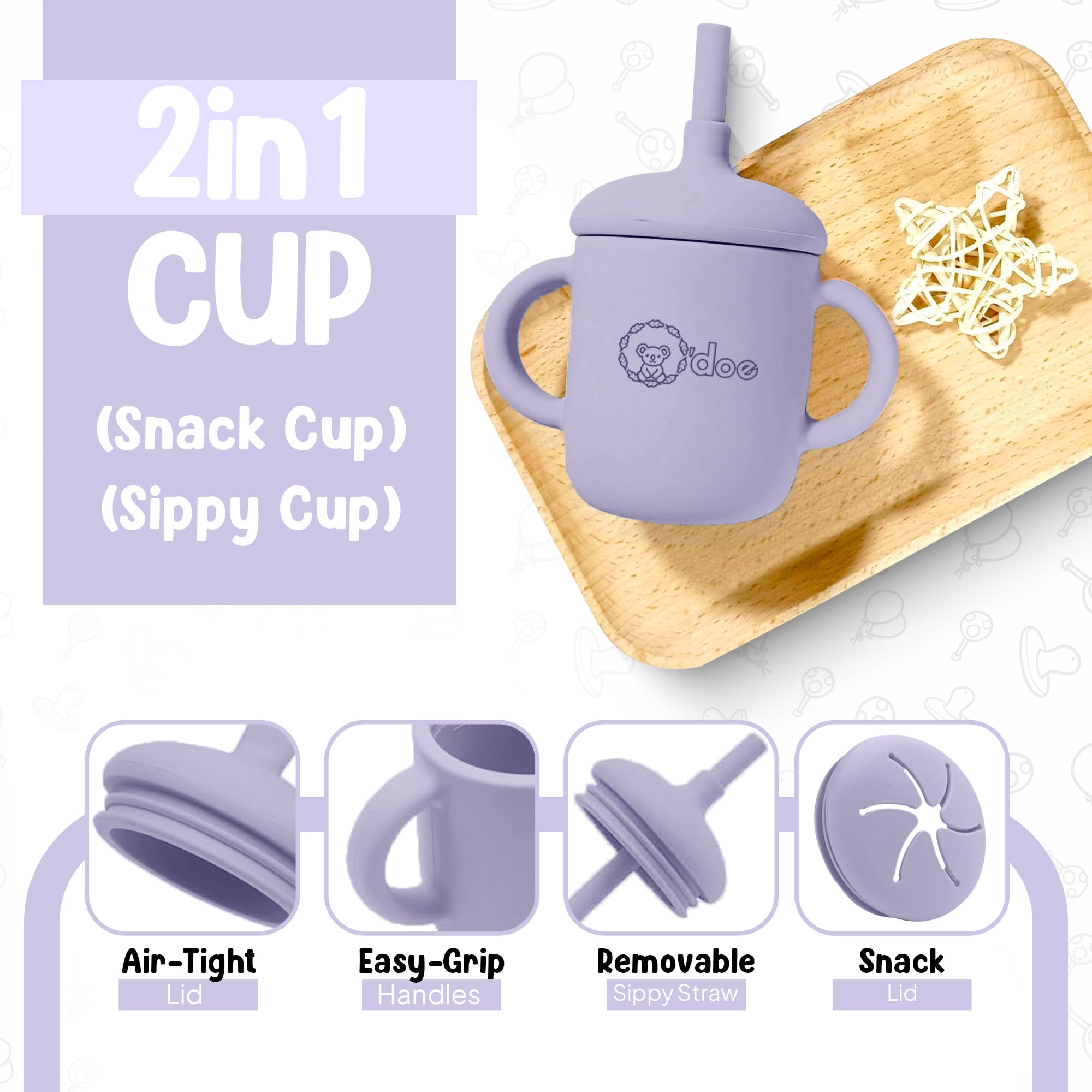 o'doe Baby LED Weaning Accessories for Toddlers, Baby Feeding Set, 17 Pieces, Silicone Baby Bowl, Self-Eating with Fruit Feeder Cup Bib Dinner Plate Set with Lid | Purple V2')