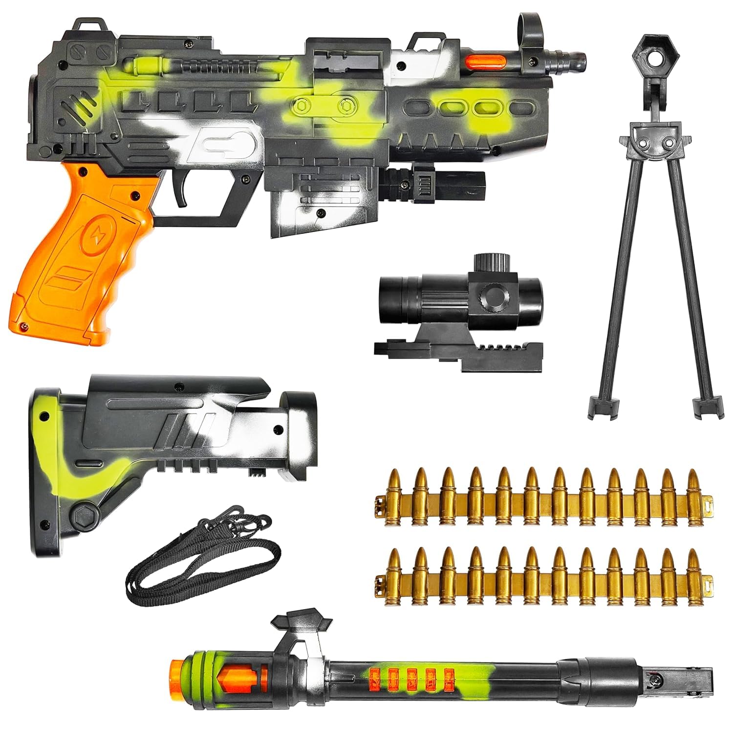 Kidoyz Revolving Machine Gun Toy with Stand and Carry Strap, Flashing Lights & Sound Effect | Army Printed/Multi Color 3