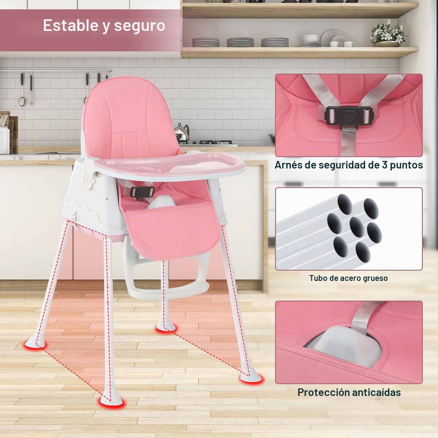 Trona ajustable 4 en 1, asiento de alimentación alto, silla de mesa para niños pequeños, trona con tabla de comedor y cinturón de seguridad de 3 puntos, rosa (rosa)