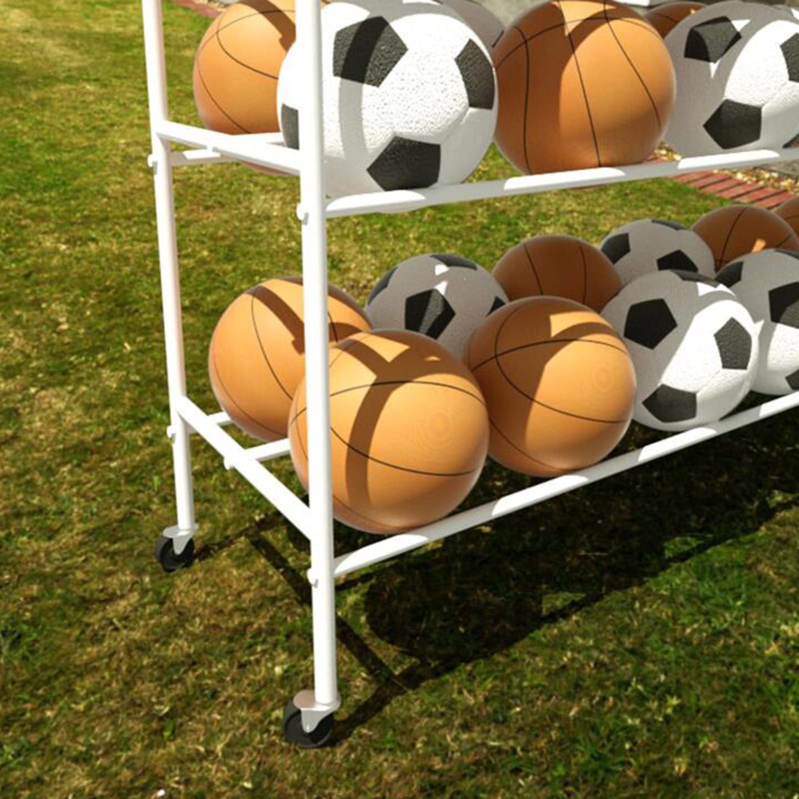Estante de almacenamiento de 4 niveles para equipos deportivos, nizer duradero para fútbol, baloncesto, voleibol, equipo de gimnasio y suministros escolares, diseño móvil para un fácil acceso