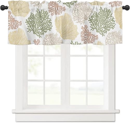 Miniatura 1 de Cenefas cortas de cortina de ventana color amarillo y verde azulado, cenefas rosas de playa de verano para ventanas, decoración náutica costera con