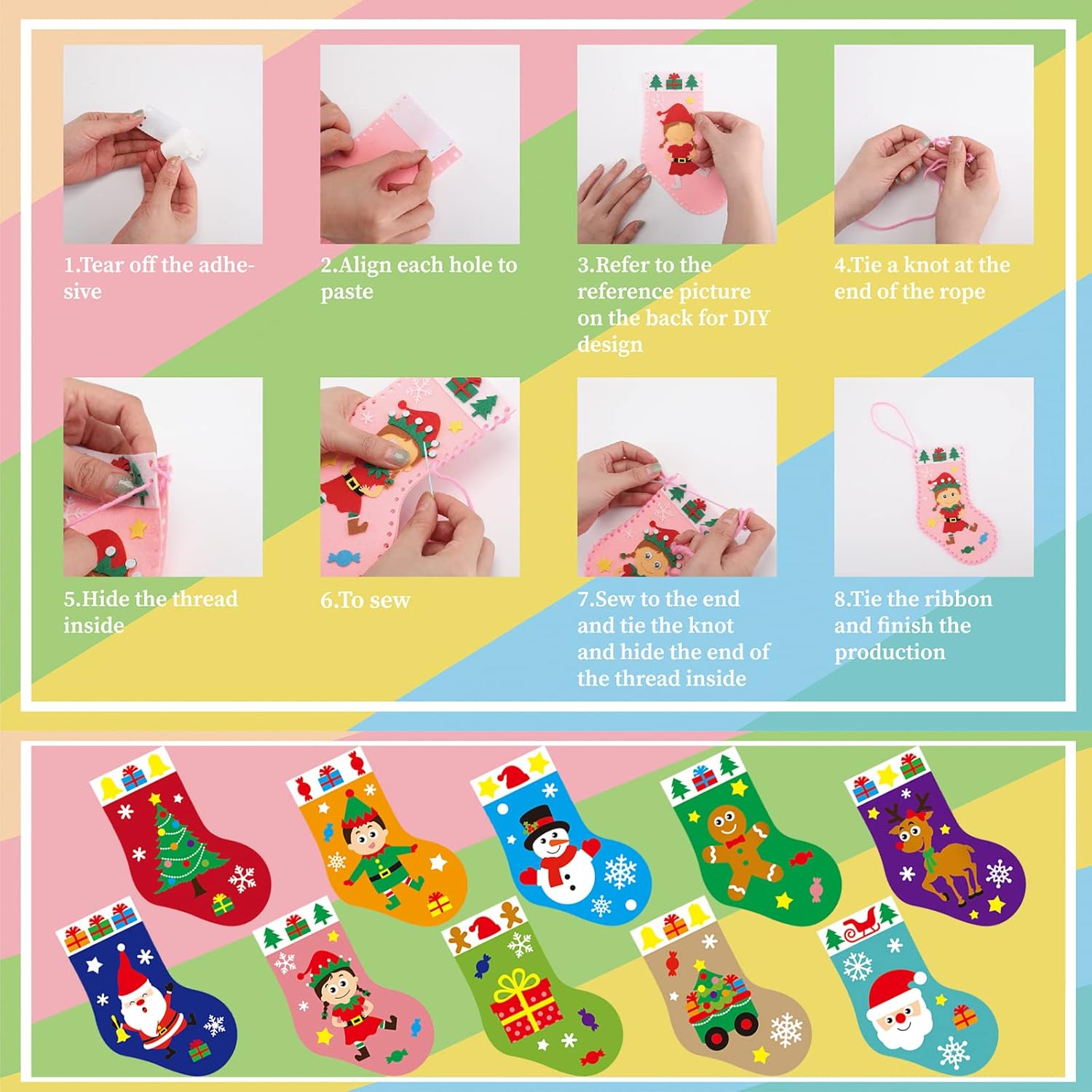 SATINIOR 10 Pcs Christmas Craft Felt Stocking Kits DIY Sewing Felt Stockings Christmas Ornaments Tree Wall Door Hanging