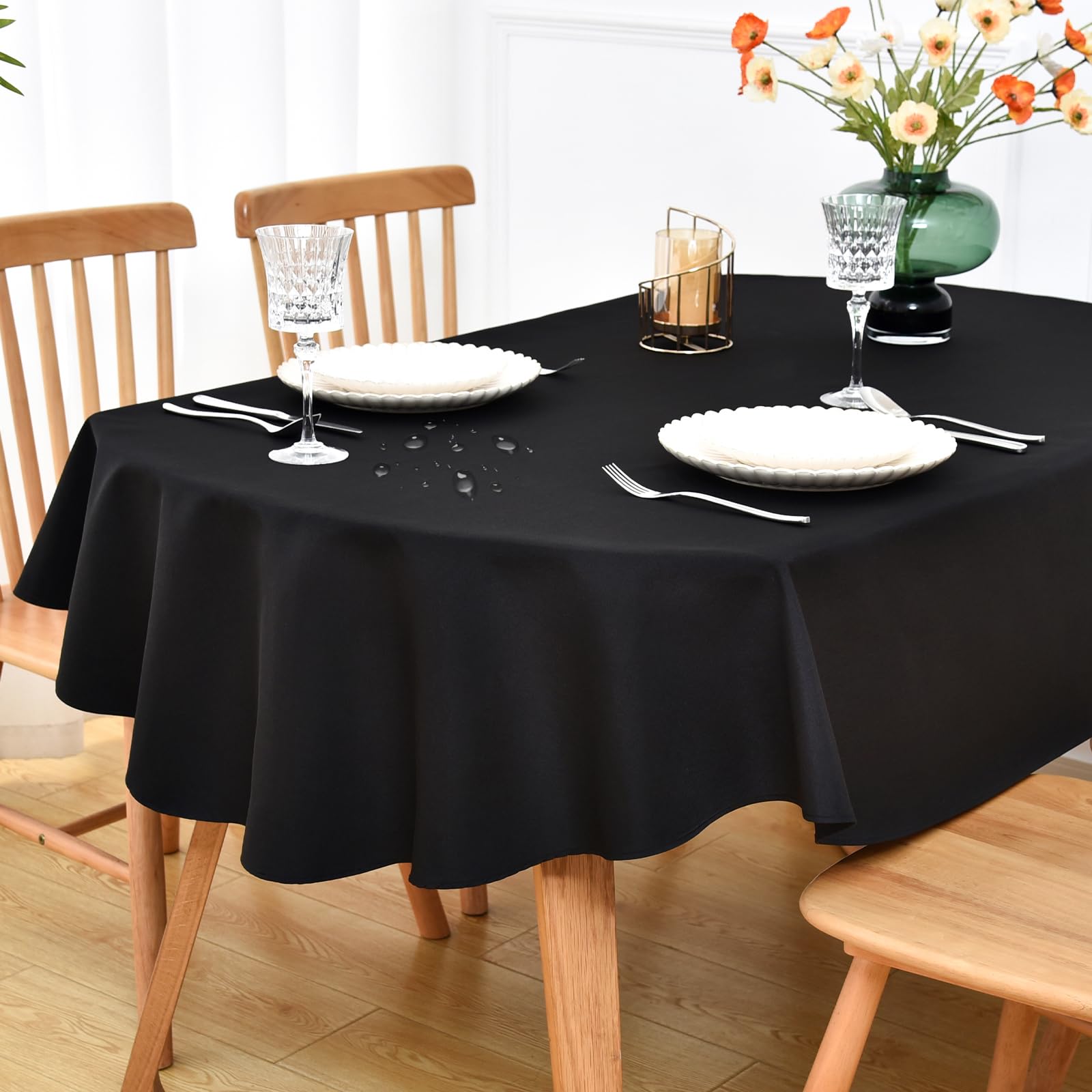 NEWISHER Farmhouse Water Resistant Oval Tablecloth 178x230 cm (70x90 inch), Faux Linen Table Cloth Wipe Clean, Washable Table Cover for Kitchen Dining, Party, Banquet Indoor Outdoor (Black)