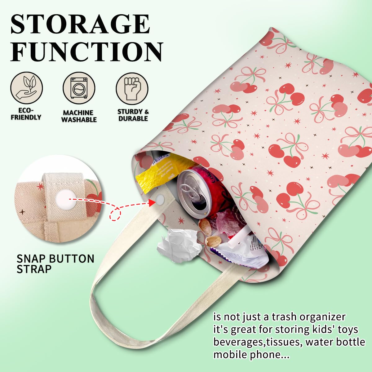 Car Trash Can, Cute Car Trash Bag, Hanging Car Organizer and Storage Bag, Trash Bin for Car Accessories, Vehicle, Travelling, Camping Cute Red Cherry Star image 3