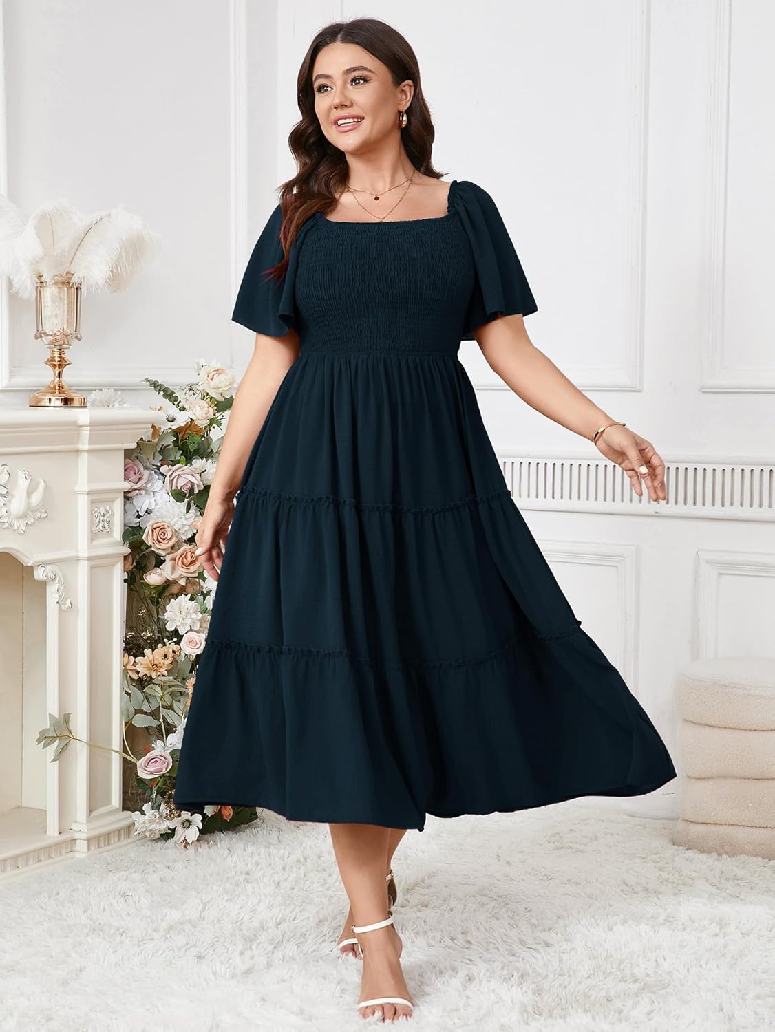 SCOMCHIC Women's Plus Size Dresses Short Sleeve Square Neck Smocked Flowy A-Line Boho Wedding Guest Cocktail Maxi Dress - Image 6