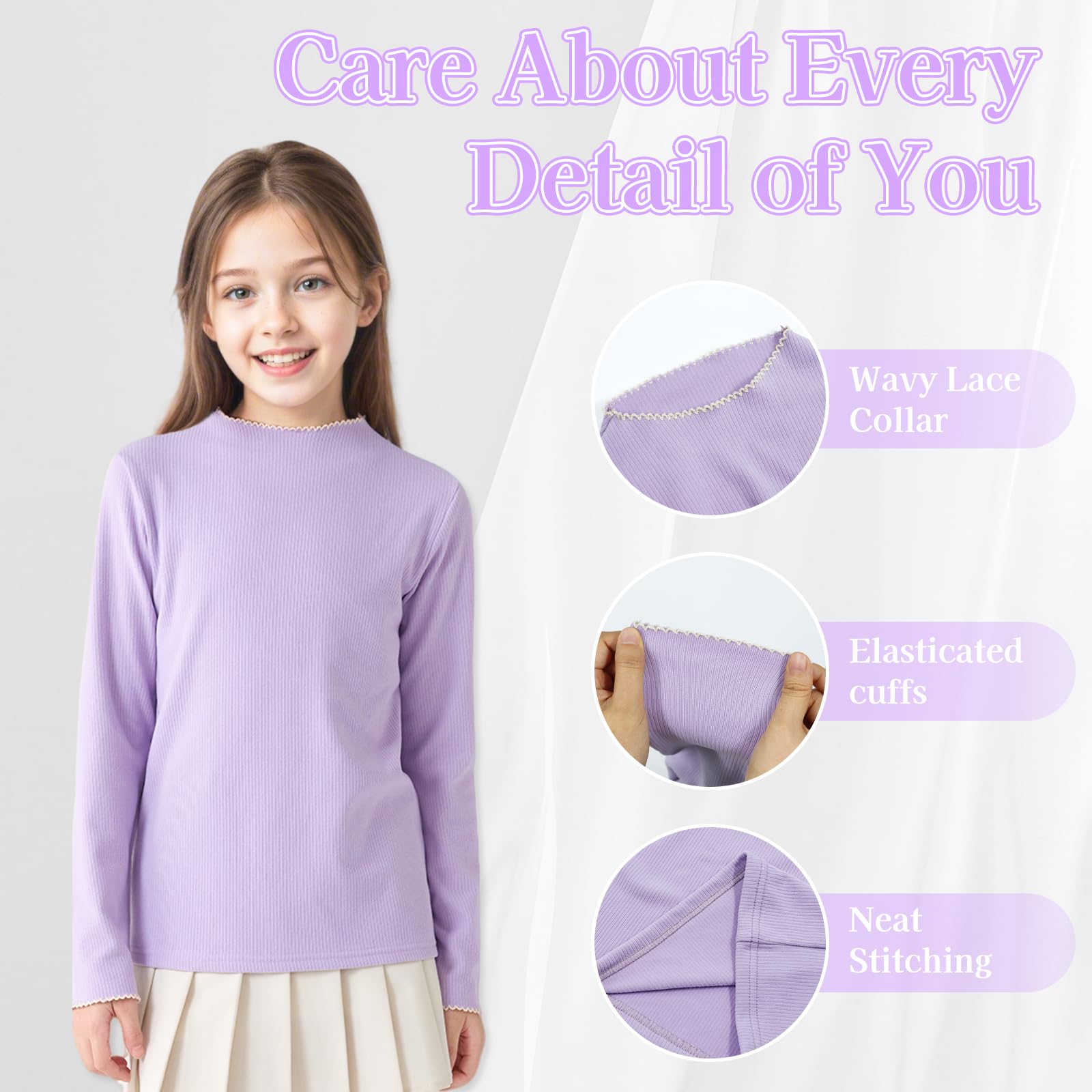 Maglia Termica Bambina Ragazza Manica Lunga Tinta Unita Base Termico Maglietta Mezzo Collo Alto Slim Fit Top Magliette Moda Abbigliamento Autunno Inverno Casual Pullover per età 7-13 Anni
