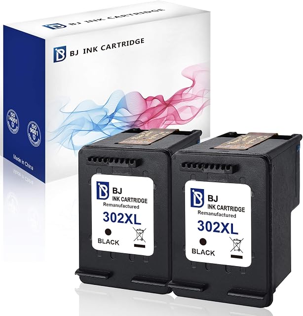 BJ Remanufactured Ink Cartridges Replacement for HP 302XL 302 XL F6U68AE Hight Yield (2 Black) for HP ENVY 4520 4527 4521 4522 HP Officejet 3830 3831 4650 5230 5232 HP DeskJet 2132 2134 3630 Printer