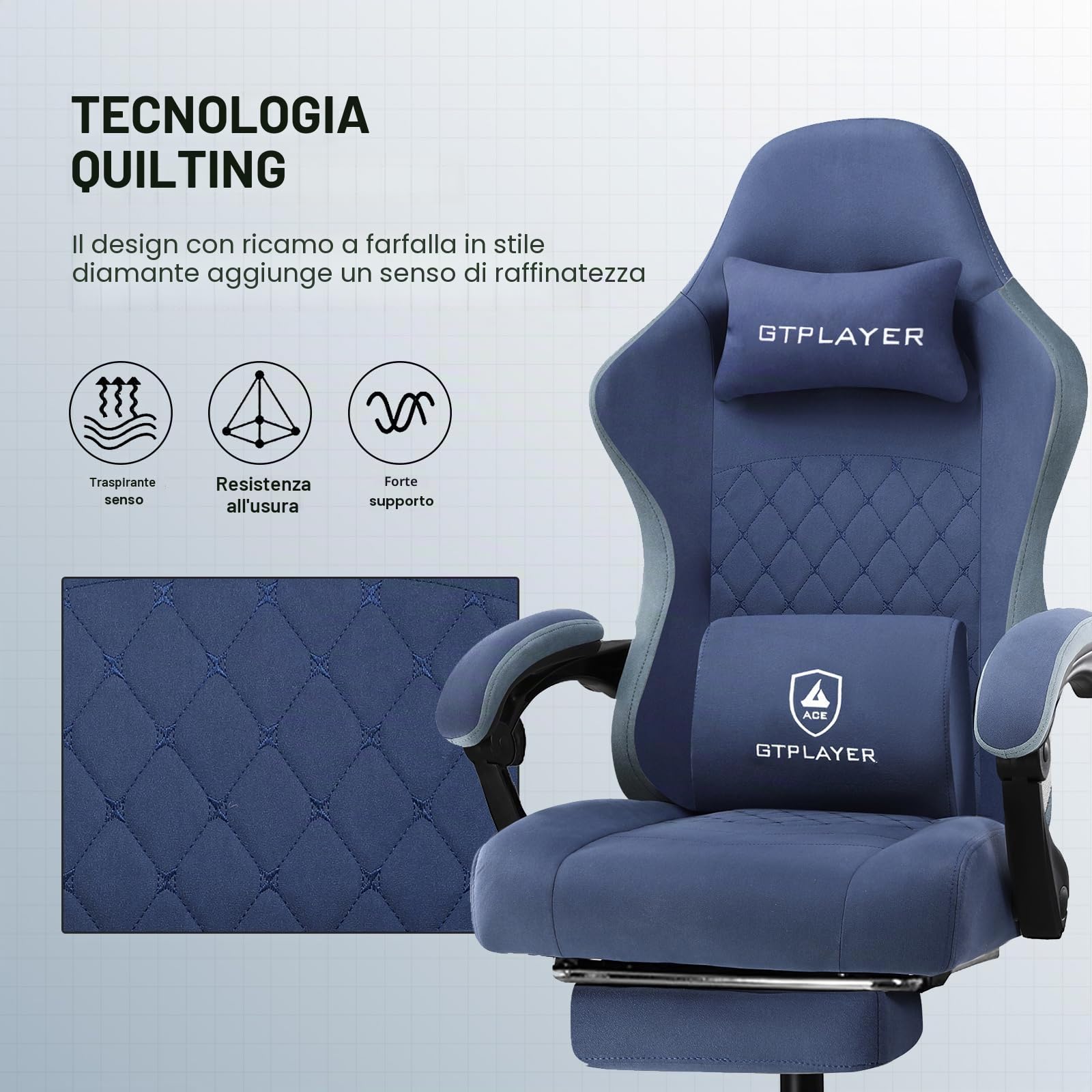 GTPLAYER sedia gaming ergonomica sedia da gaming tessuto traspirante schienale alto con cuscino imbottito a molle, poggiatesta e supporto lombare per giochi di studio e lavoro blu navy