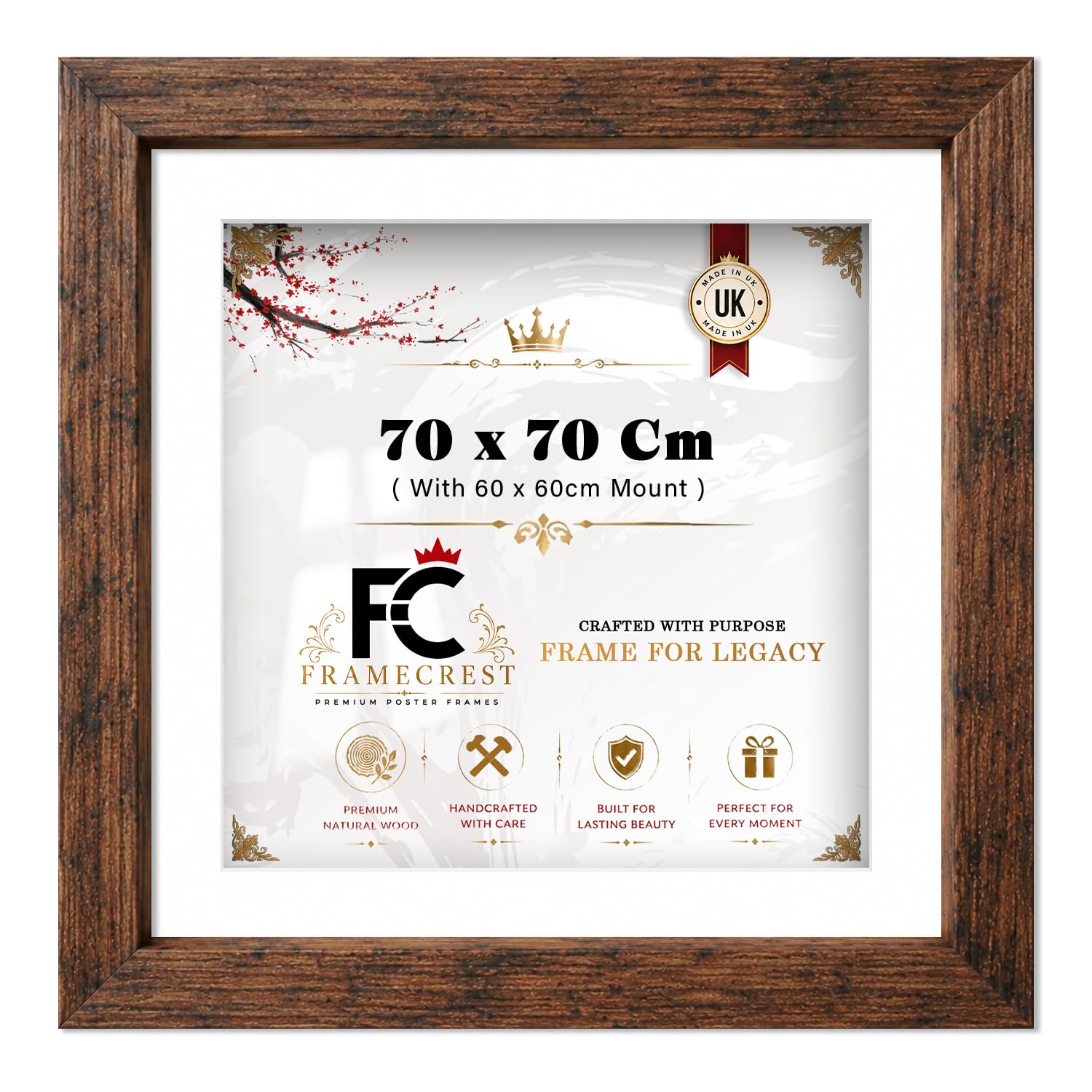 FRAMECREST LTD 70 X 70 CM Square Picture Frame With 60 X 60 CM White Mount, Engineered Wood Poster Frame For Wall Art, Horizontal Or Vertical Display, 28 IN Square Versatile Mounting - [Rustic]