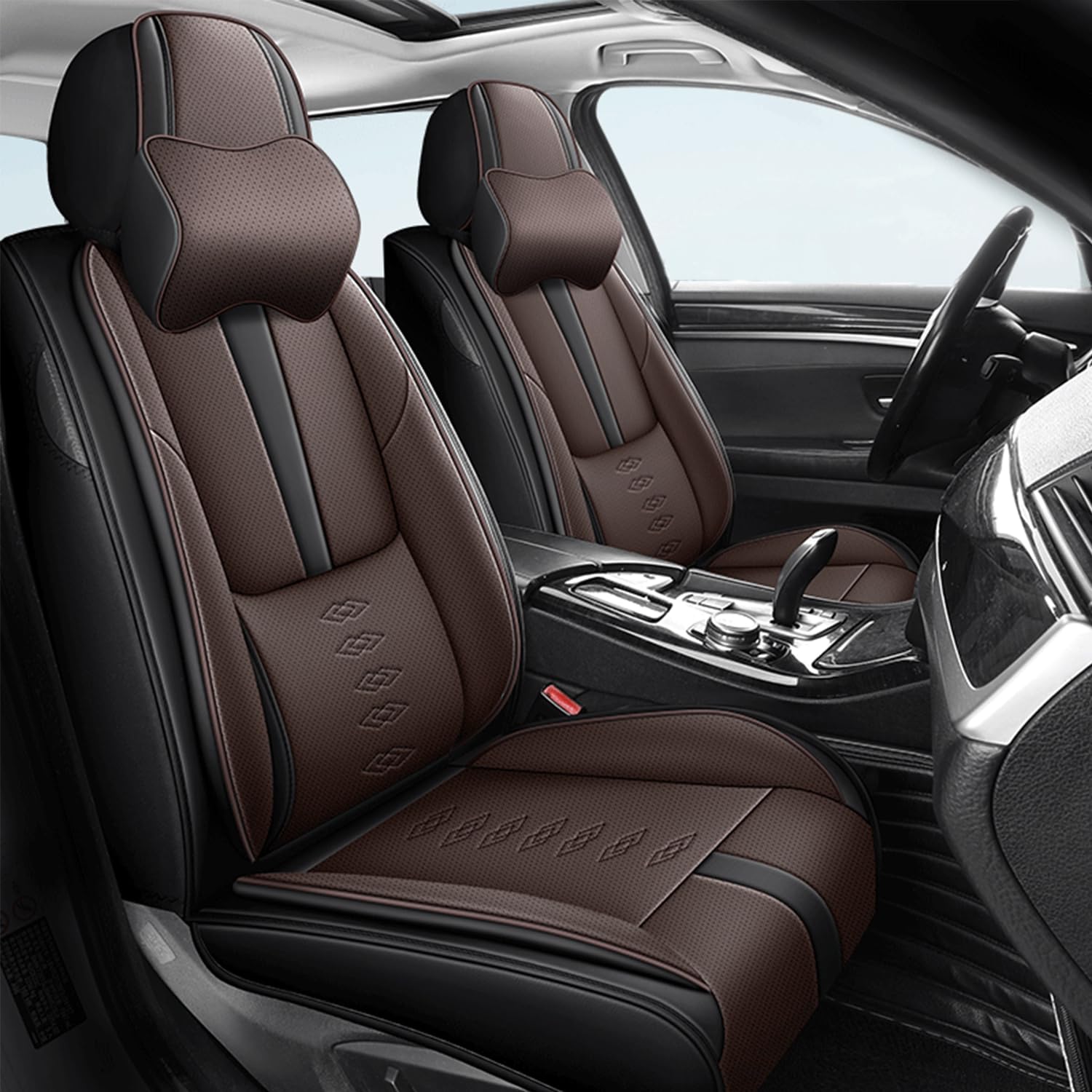 Car Seat Covers for Neon,for Dodge Neon 2000-2005,Leather Front Seat Covers,Airbag-Compatible Car Seat Protectors,Waterproof Seat Cover for Cars(Black+Coffee,2PCS/with Pillows)