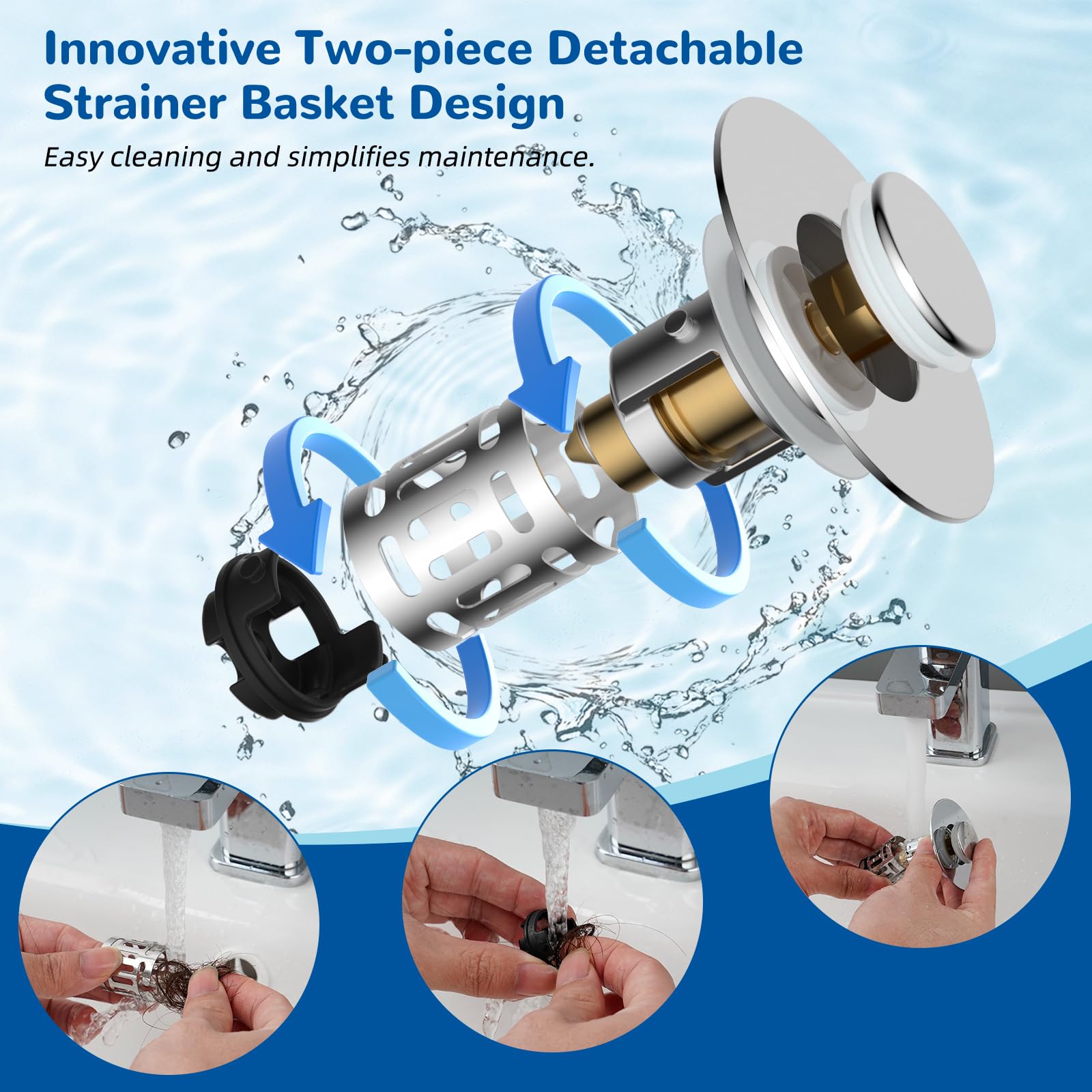 Hibbent Upgraded 3 in 1 Bathroom Sink Drain Strainer, Universal Pop Up Stopper with Removable Stainless Steel Filter Basket Hair Catcher, Sink Plug for 1.1''~2.36'' Basin, Brass Bullet Core, Chrome - 4