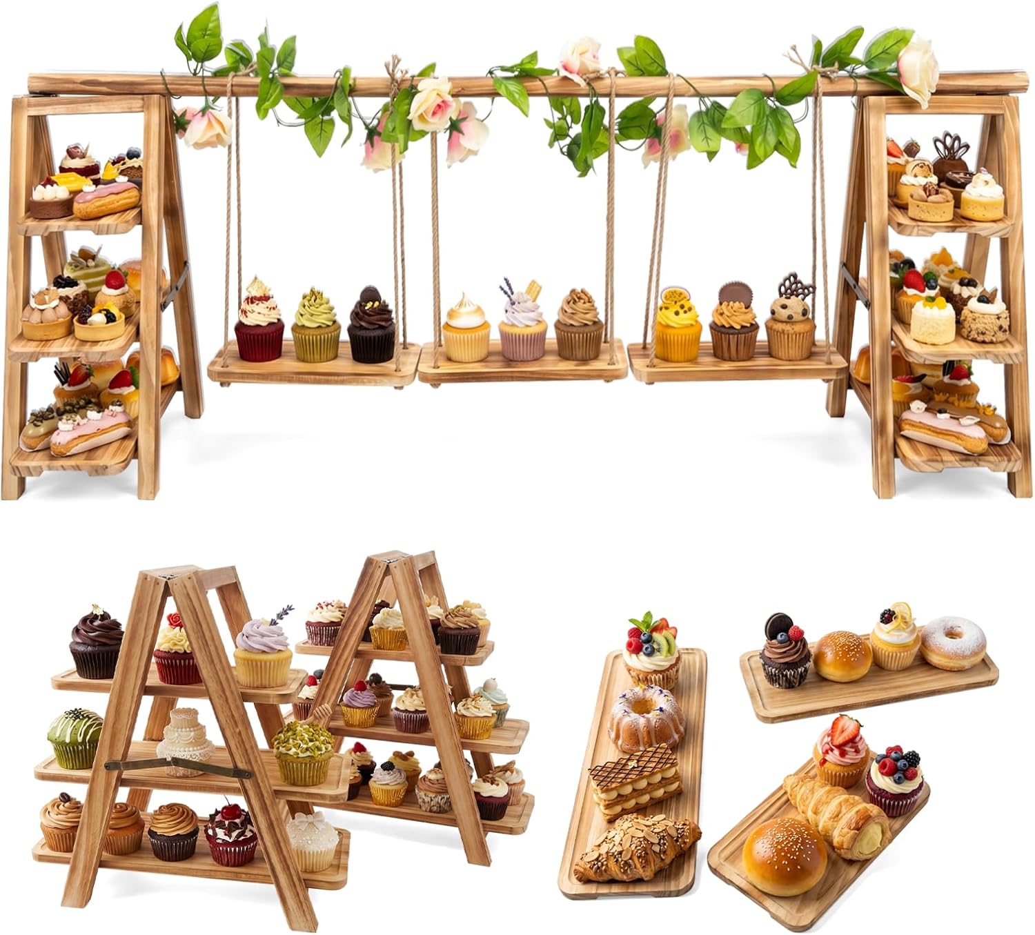 Multifunctional Wooden Dessert Table Display Set with Flower Decor | Adjustable Length 3-Tier Wood Cupcake Stand with Removable Trays, Foldable Dessert Stand for Party, Catering & Anniversaries
