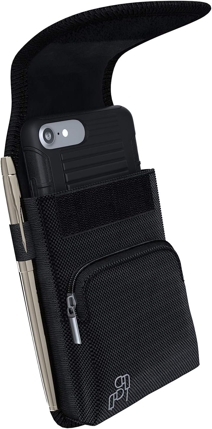De-Bin Holster Designed for iPhone 12 Pro Max, 11 Pro Max/ Xs Max/ iPhone 8+/ 7+/ 6s+/ 6+ Phone Holster with Zipper Storage Rugged Pouch Belt Holder Case with Belt Clip for Apple iPhone with Case on