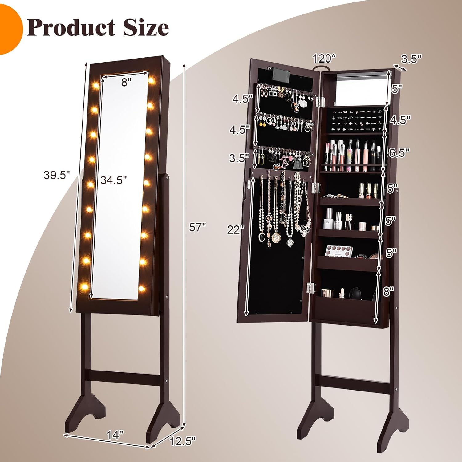 LOKO Jewelry Armoire with 18 LED Lights, Freestanding Jewelry Organizer with Full-length Mirror, Large Storage Mirrored Jewelry Cabinet with 16 Lipstick Holders, for Bedroom, Dressing Room (Brown)