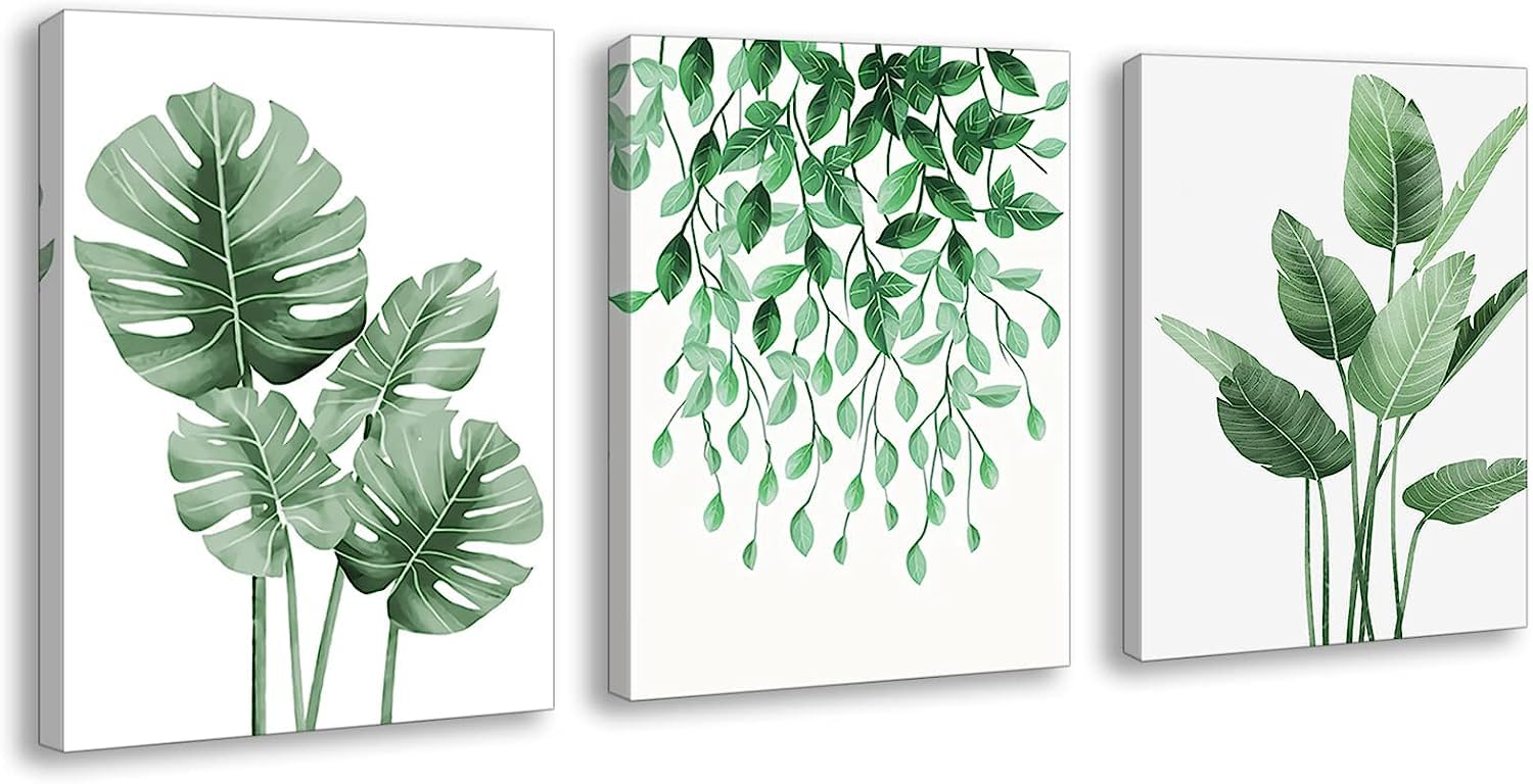 Botanical Green Canvas Wall Art/Monstera Palm Banana Leaves Wall Decor Simple Life Minimalist Watercolor Painting Tropical Plants Living Room Decor Home Office Nursery Wall Decoration 30x40cm