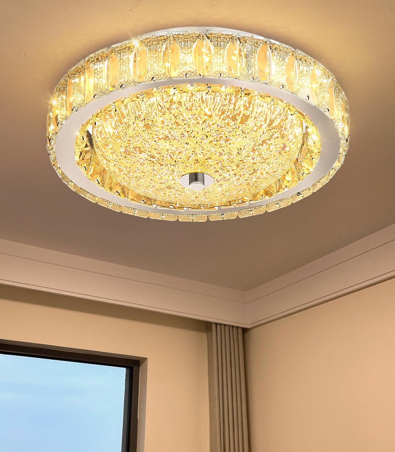 11.8" Modern Mini Crystal Chandelier Dimmable LED Flush Mount Ceiling Light with Remote Control for Bedroom Hallway Dining Room Silver