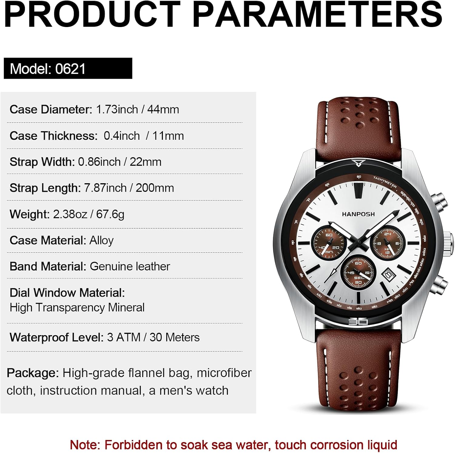 HANPOSH Mens Watches Stainless Steel Analog Quartz Chronograph Waterproof Wrist Watches for Men Luminous Luxury Fashion Business Casual Men's Wrist Watch with Date Leather Starp