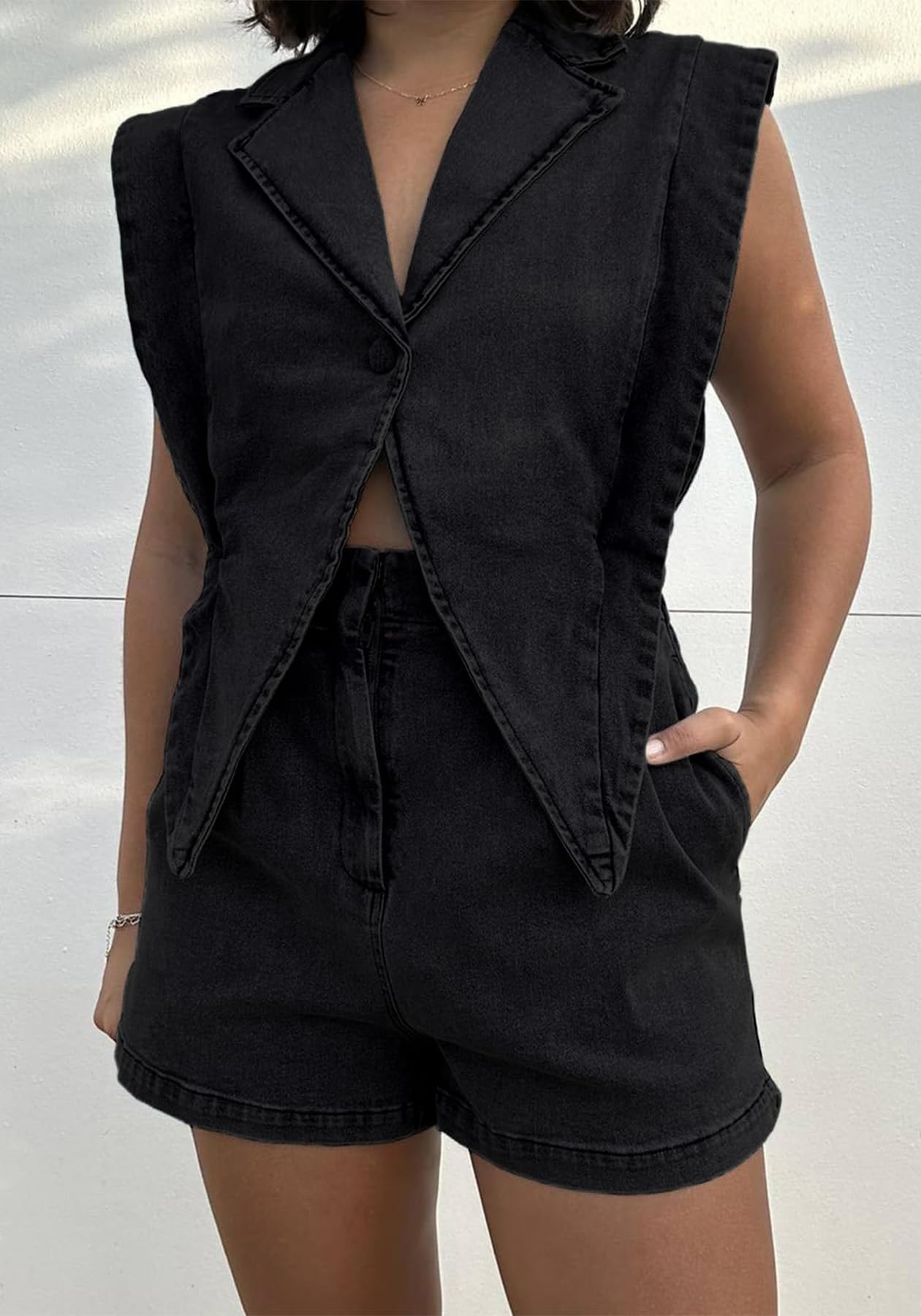 Ecirod Tuta in denim da donna, sexy, con scollo a V, con bottoni, cava, senza maniche, pantaloncini di jeans