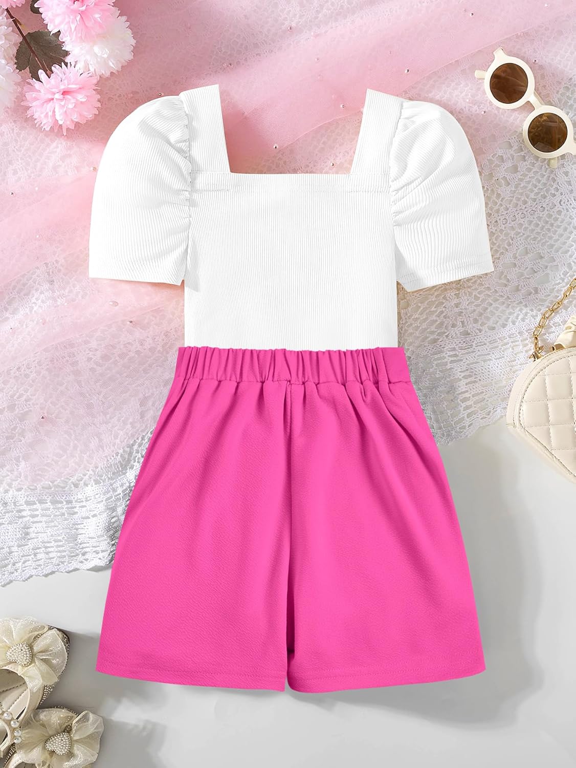 Hilinker Girl's 2 Piece Outfits Puff Sleeve Square Neck Top and Mini Skort Sets - Image 2