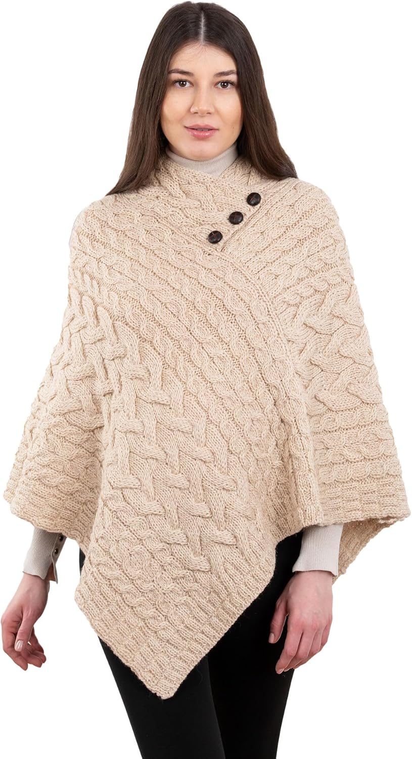 Women's Irish Aran Poncho - 100% Virgin Wool Cable Knit Wrap with Buttons, Warm Cape Shawl