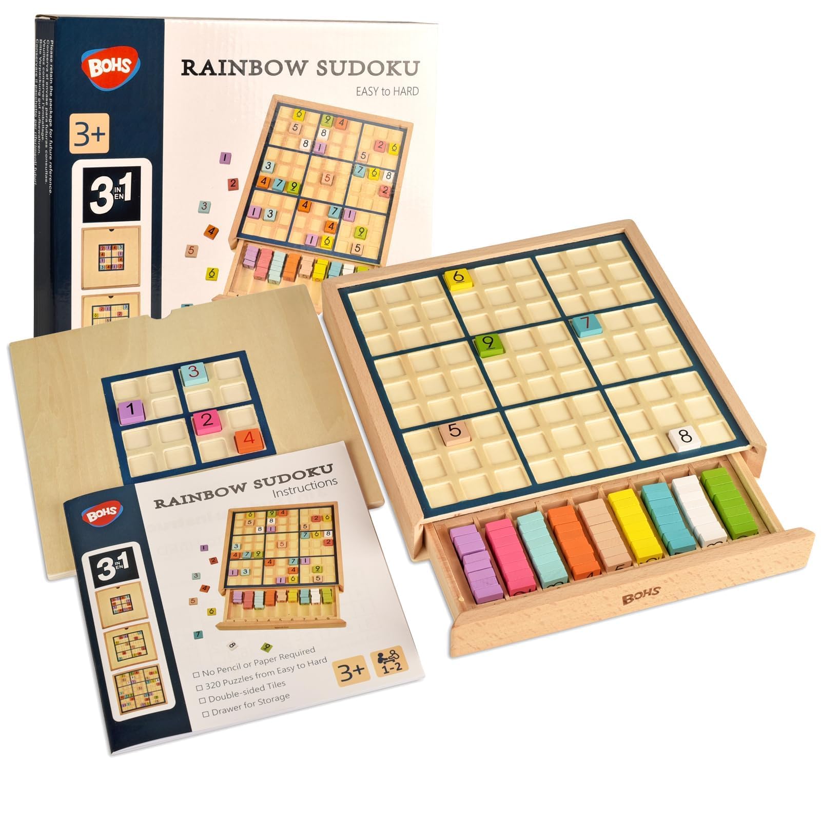 BOHS 3-en-1 Sudoku de Madera - Juego Educativo para Niños con 320 Rompecabezas, Niveles Fácil a Difícil, Incluye Fichas Multicolores - Juguete de Escritorio