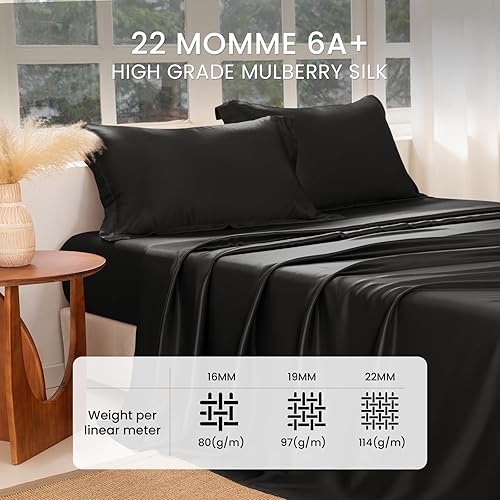 Miniatura 2 de THXSILK Juego de sábanas de seda de 4 piezas, juego de sábanas de tamaño matrimonial, 22 sábanas de seda Momme 7A+, sábanas suaves y transpirables