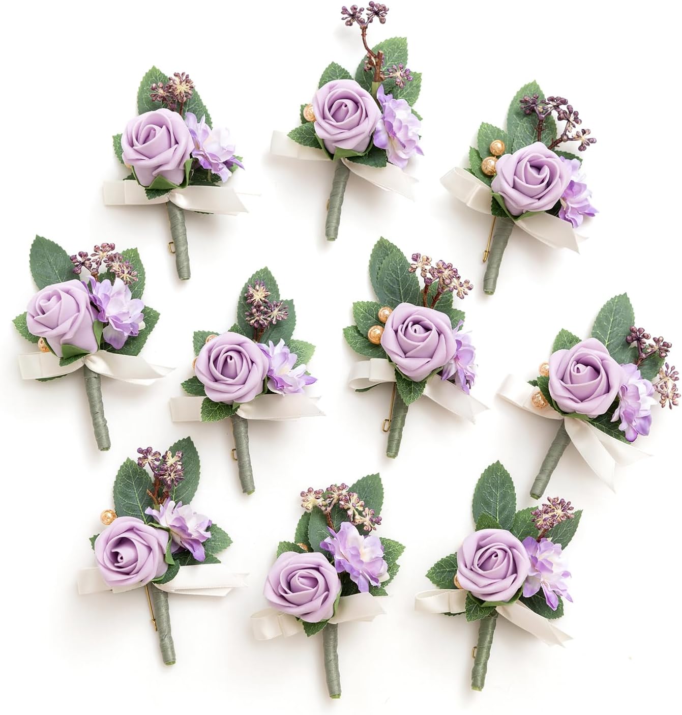 Ling's Moment Boutonniere for Men, 10pcs Groomsmen Guest Boutonniere, Artificial Flowers for Wedding Decor/Prom/Homecoming,etc.Purple Lilac