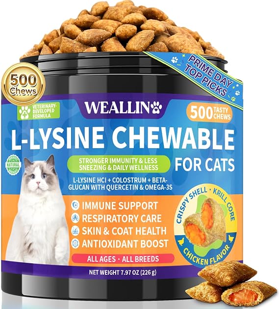 L-Lysine Chews for Cats 500 Chews, Immune & Respiratory Support Crunchy Shell with Krill Core, with Colostrum & Omega-3s for Sneezing and Runny Nose, Chicken Flavor, for All Ages & Breeds Cats