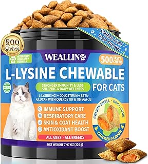 L-Lysine Chews for Cats 500 Chews, Immune & Respiratory Support Crunchy Shell with Krill Core, with Colostrum & Omega-3s for Sneezing and Runny Nose, Chicken Flavor, for All Ages & Breeds Cats