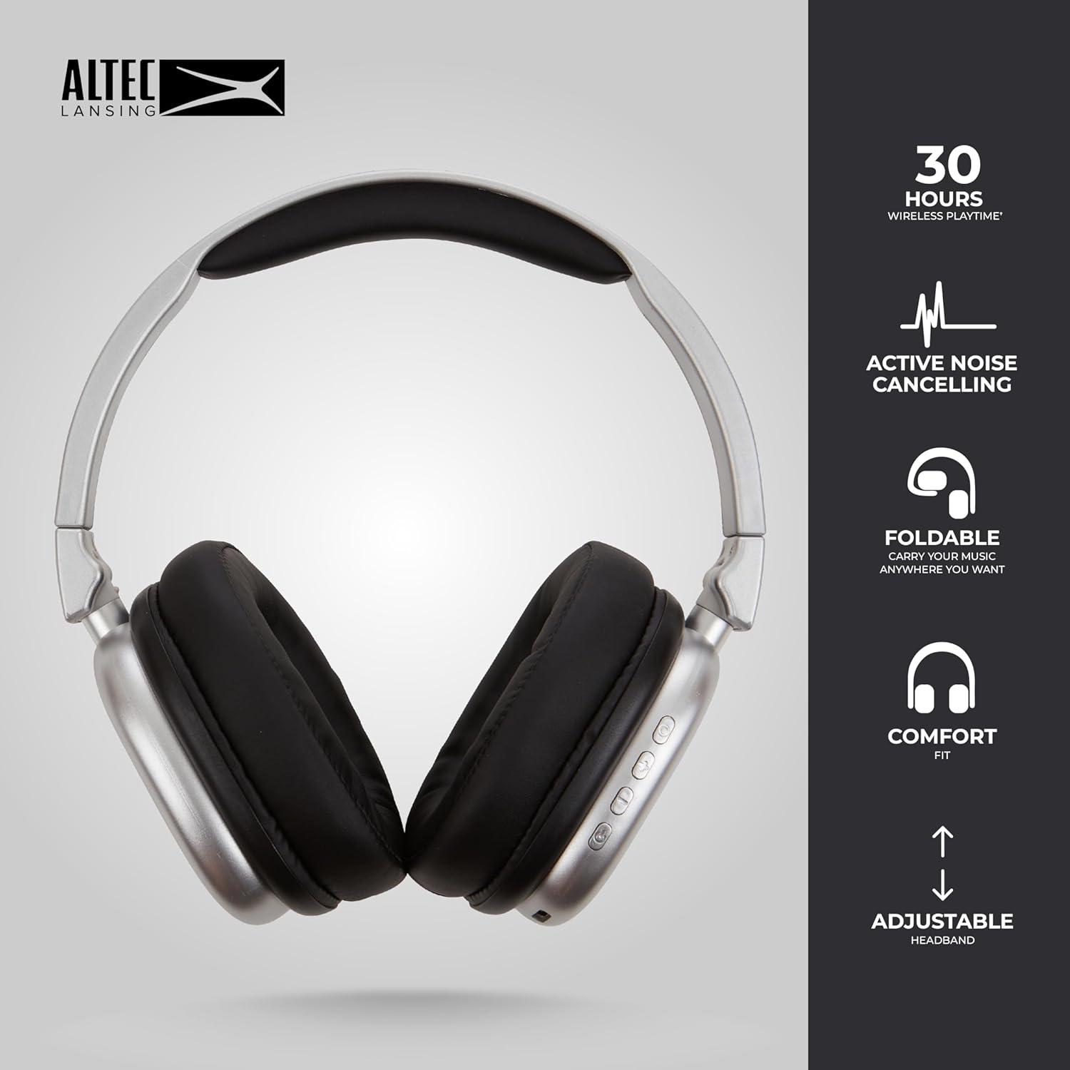 Voorkant view of Altec Lansing Nanophones ANC 2.0 Silver Headphones, showing foldable design