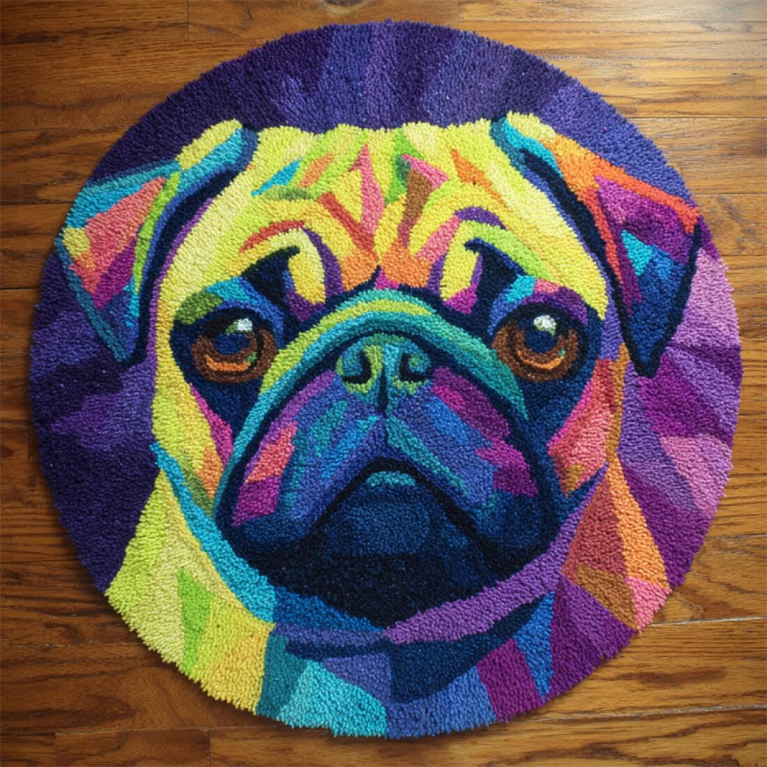 Rqwybcaxn DIY Latch Hook Rug Kit for Adults Animal Embroidery Kit Colorful Pug 50x50cm Round Tapestry with Crochet Hook Living Room Craft Gift