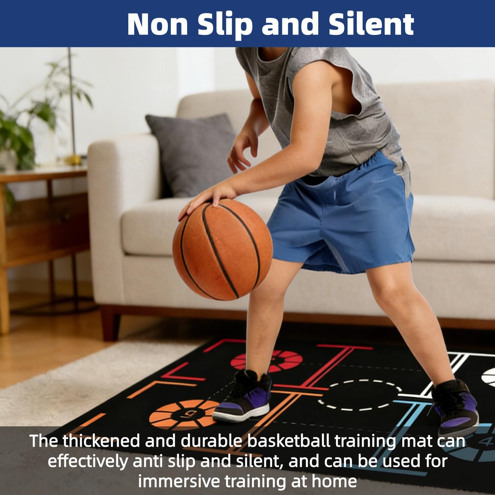 Tappetino antiscivolo per allenamento passi basket, ausilio sportivo silenzioso per controllo palla, tappetino per dribbling in gomma premium 76x106,7 cm (30x42 pollici)