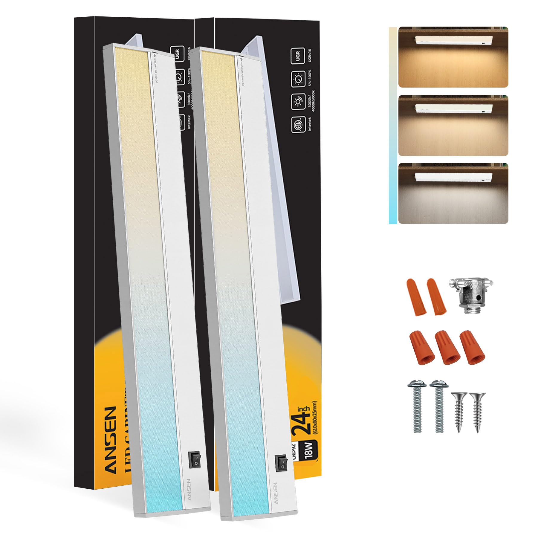 Ansen 2Packs of Under Cabinet Lighting Hardwired, 24in 18W 1237LM Dimmable Led Light for Kitchen/Closet, CRI 92+, R9 90+, 3 Color Temperature, 3000K/4000K/5000K(Warm White, Cool White, Daylight)