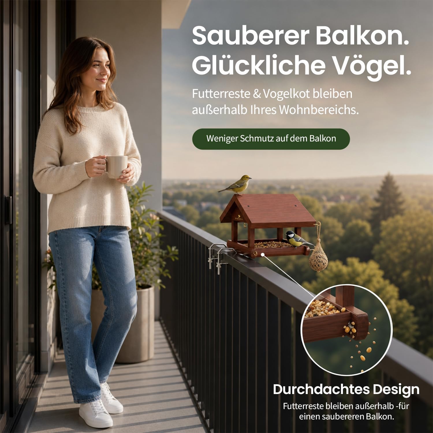Vogelhaus Balkon [FlexMount 3in1] Holz Vogelhaus zum aufhängen