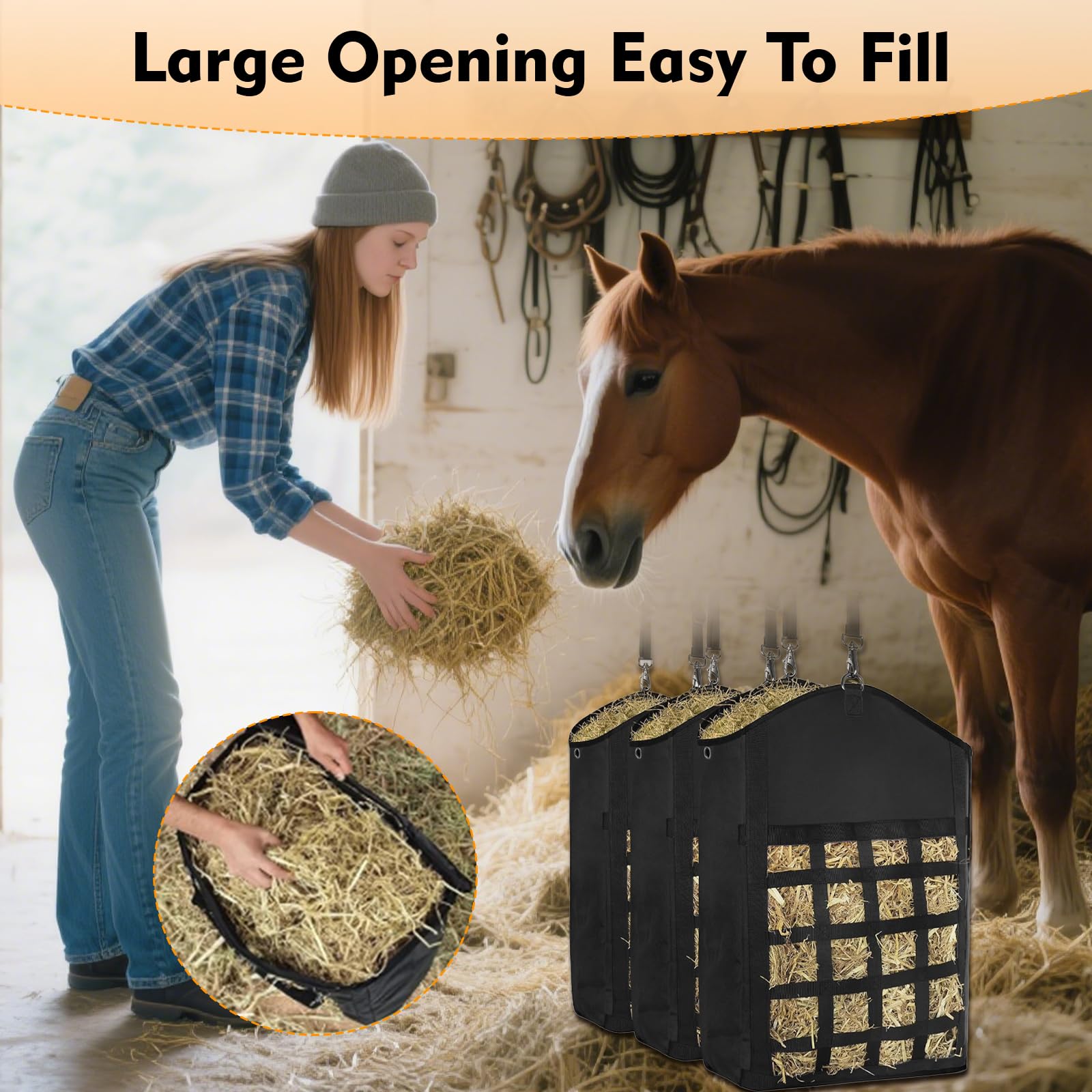Hay Bags for Horses, 3 Packs Slow Feed Nylon Hay Bag with Large Opening, Premium Oxford Hay Feed Bags for Horse, Goats,Sheep,Cow, Easy to Fill and Hang, Front Hay Net Design - 4