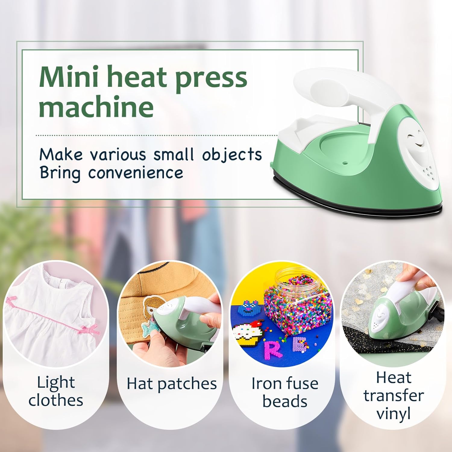 Honoson Mini Craft Iron Mini Heat Press Small Iron 3.93 x 2.36 x 2.76 in Portable Handy Tiny Flatiron with Charging Base Accessory for Fuse Bead Patch DIY Heat Transfer Vinyl(Green)