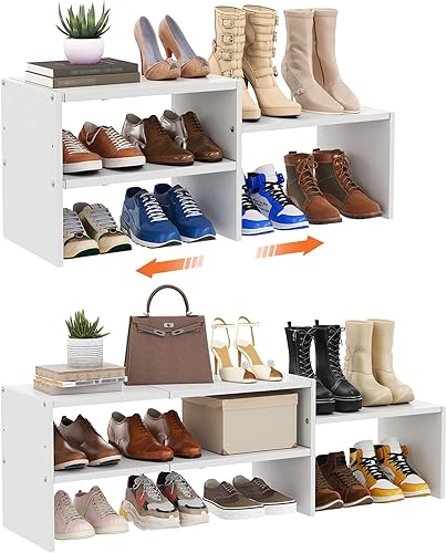 Organizador de zapatos blanco expandible de 44.6 pulgadas para armario, estantes pequeños ajustables de almacenamiento de zapatos, estante de