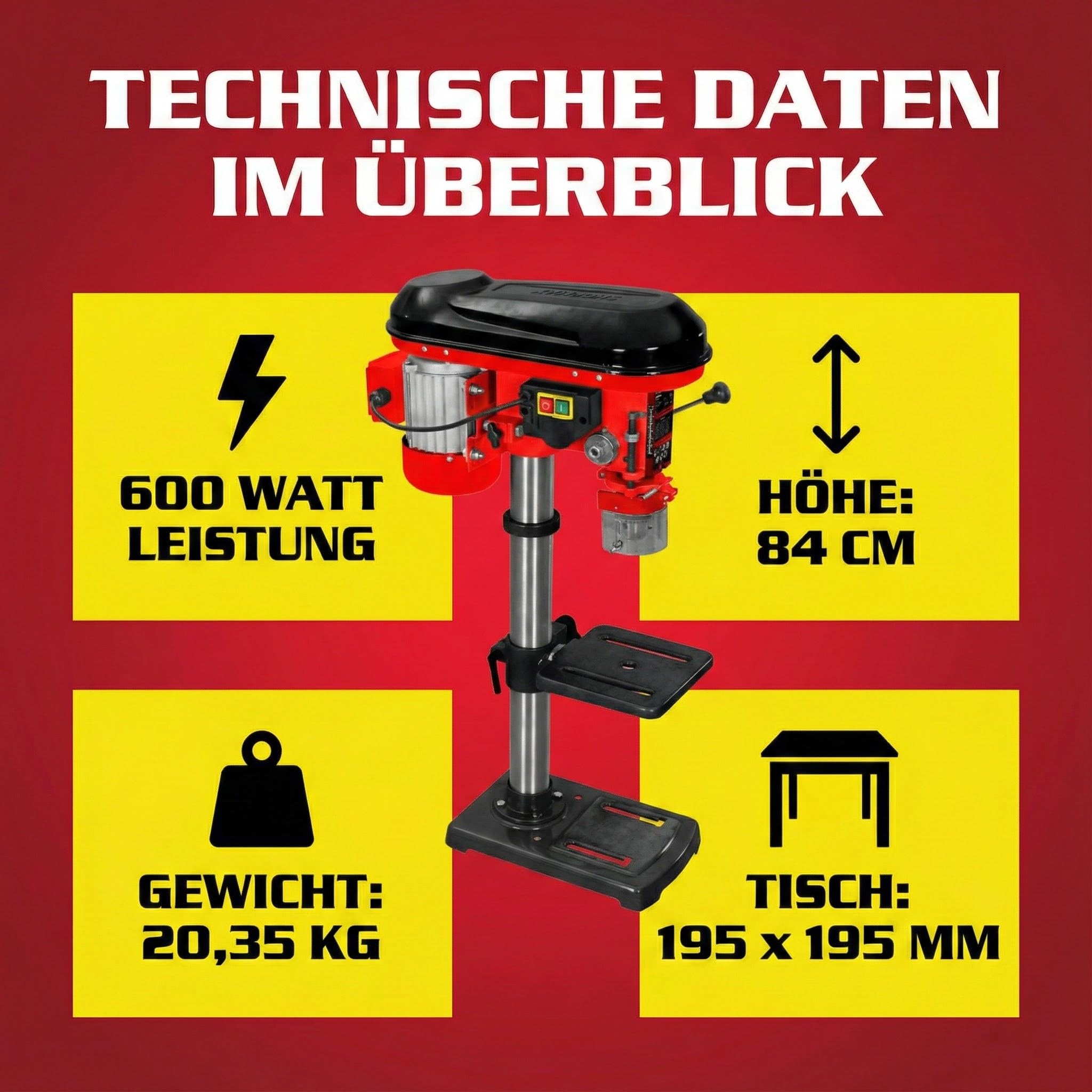 Hecht Profi Standbohrmaschine mit starken 600 Watt – 12-stufige Drehzahlregelung, schwenkbar- und höhenverstellbarer Bohr-tisch – Späneschutz - Praktische Säulenbohrmaschine, Tischbohrmaschine