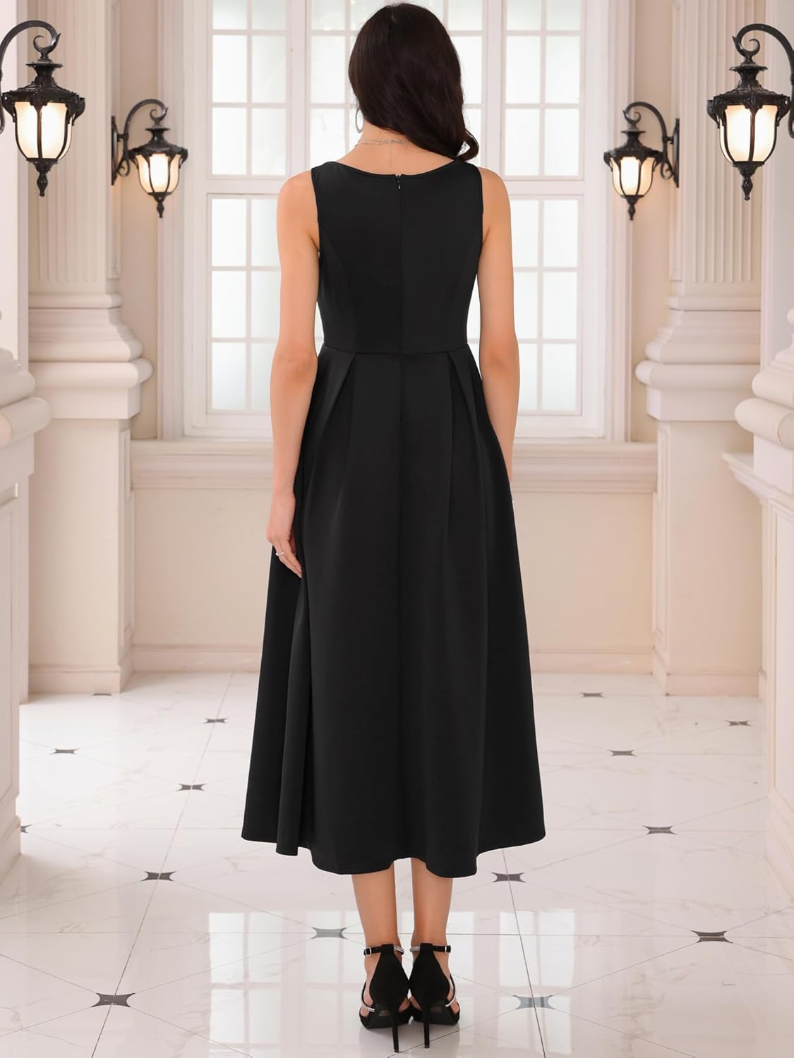 Women's Cocktail Dress Sleeveless Square Neck A-Line Pleated 50s Vintage Maxi Dress - Image 4