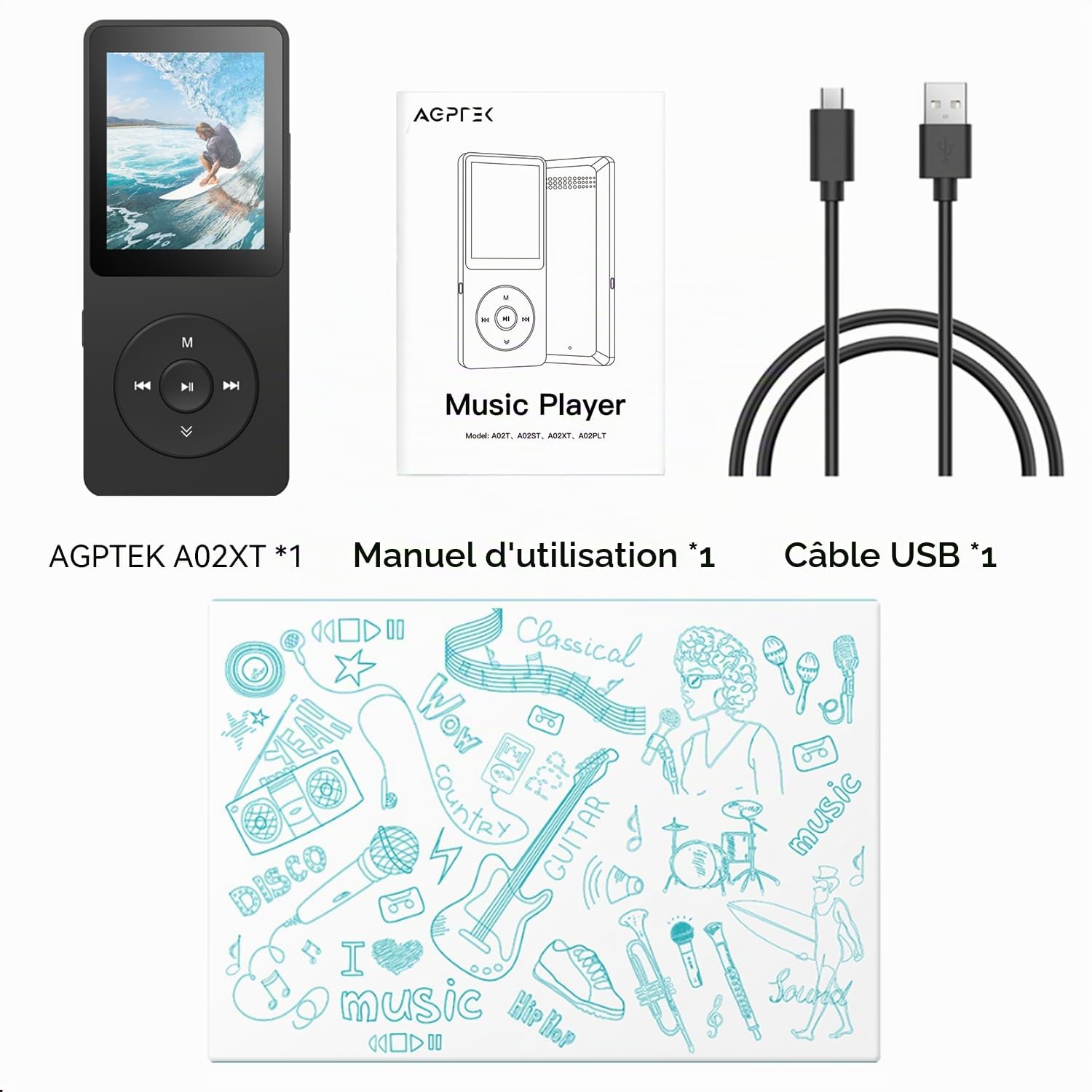 AGPTEK A02X Lecteur MP3 32 Go avec Bluetooth 5.3, écran de 1,8", Lecteur de Musique Portable avec Haut-Parleur, Radio FM, enregistreur Vocal, Prend en Charge jusqu'à 128 Go