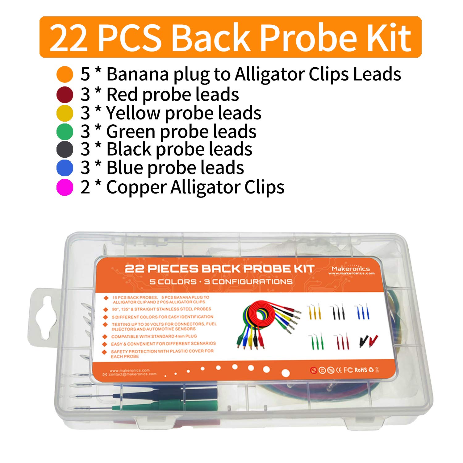 Makeronics 22 PCS Back Probe Kit | Multimeter Back Probe Pins with Test Leads and Alligator Clips Electrical Circuit Diagnostic Tool Set for Car Repair