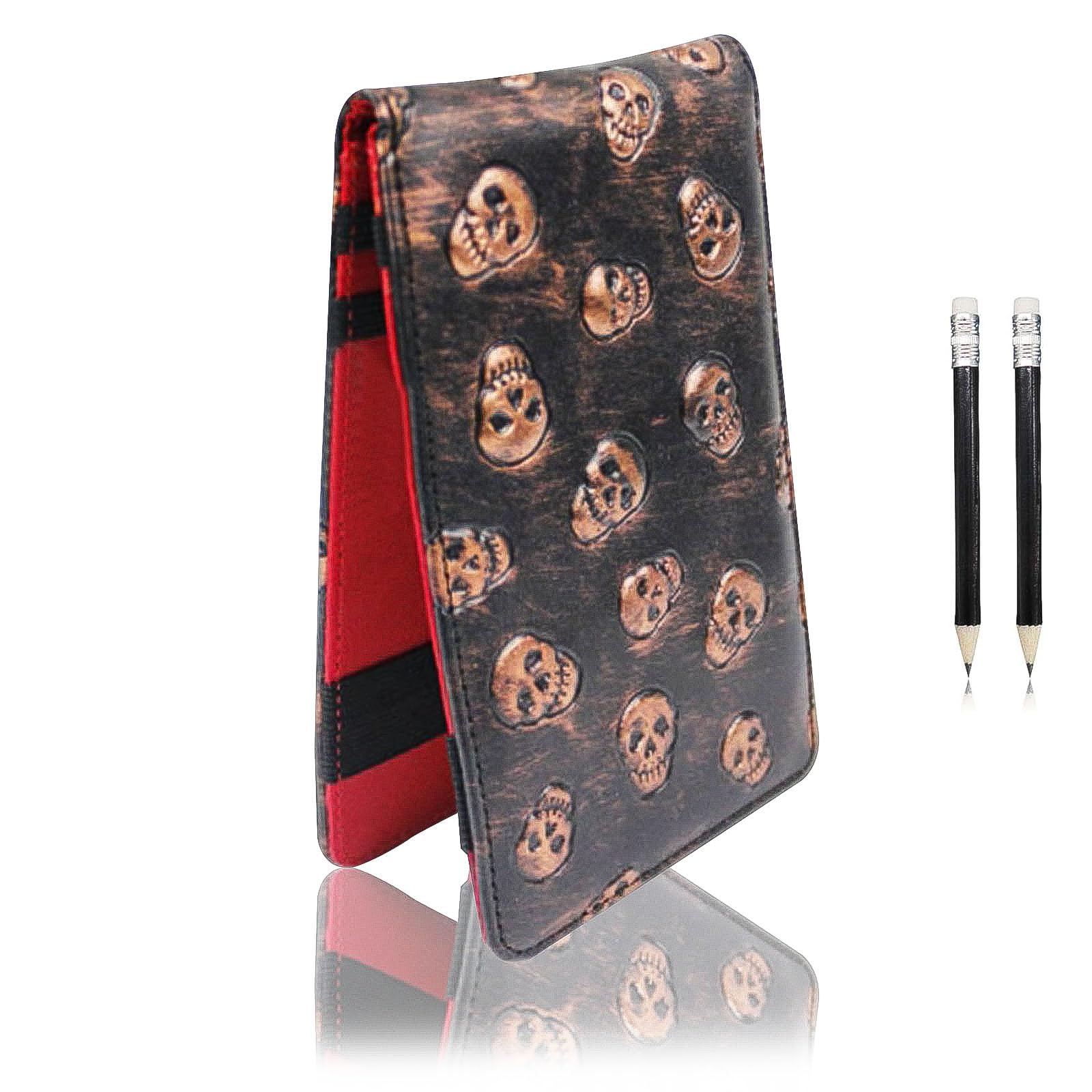 FINGER TEN Golf Scorecard Holder Synthetic Leather with 2 Pencils Value Gift Pack, Golf Score Counter Book Yardage Organiser Soft Deluxe Genuine for Men Women Color Black Brown Navy (Golden)