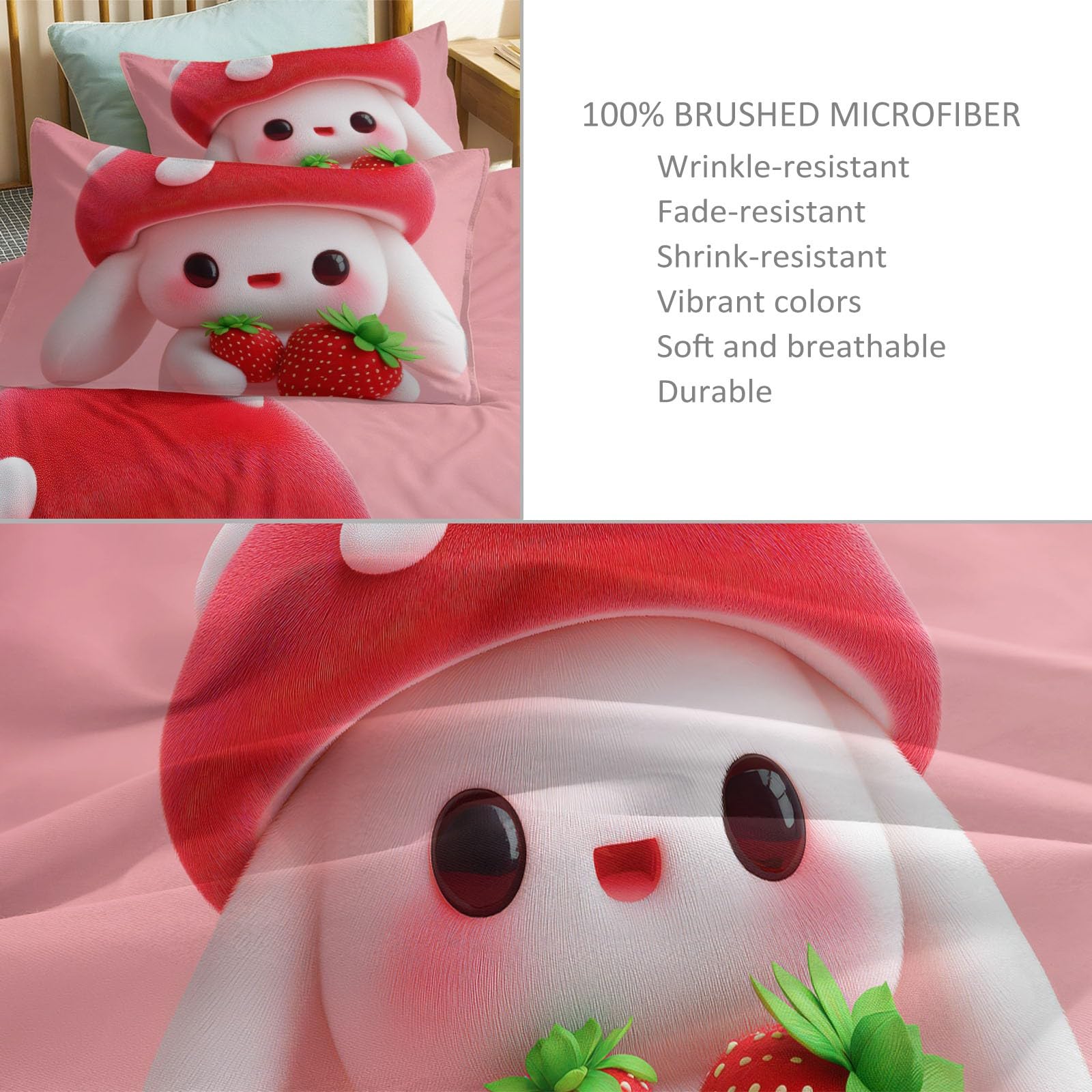 Poszwa na kołdrę dla chłopców i dziewczynek, miękka mikrofibra, 240 x 220 cm, dwustronna, z kreskówką, truskawka, królik, uroczy, 3-częściowy z 2 poszewkami na poduszkę, do sypialni, dekoracja różowa