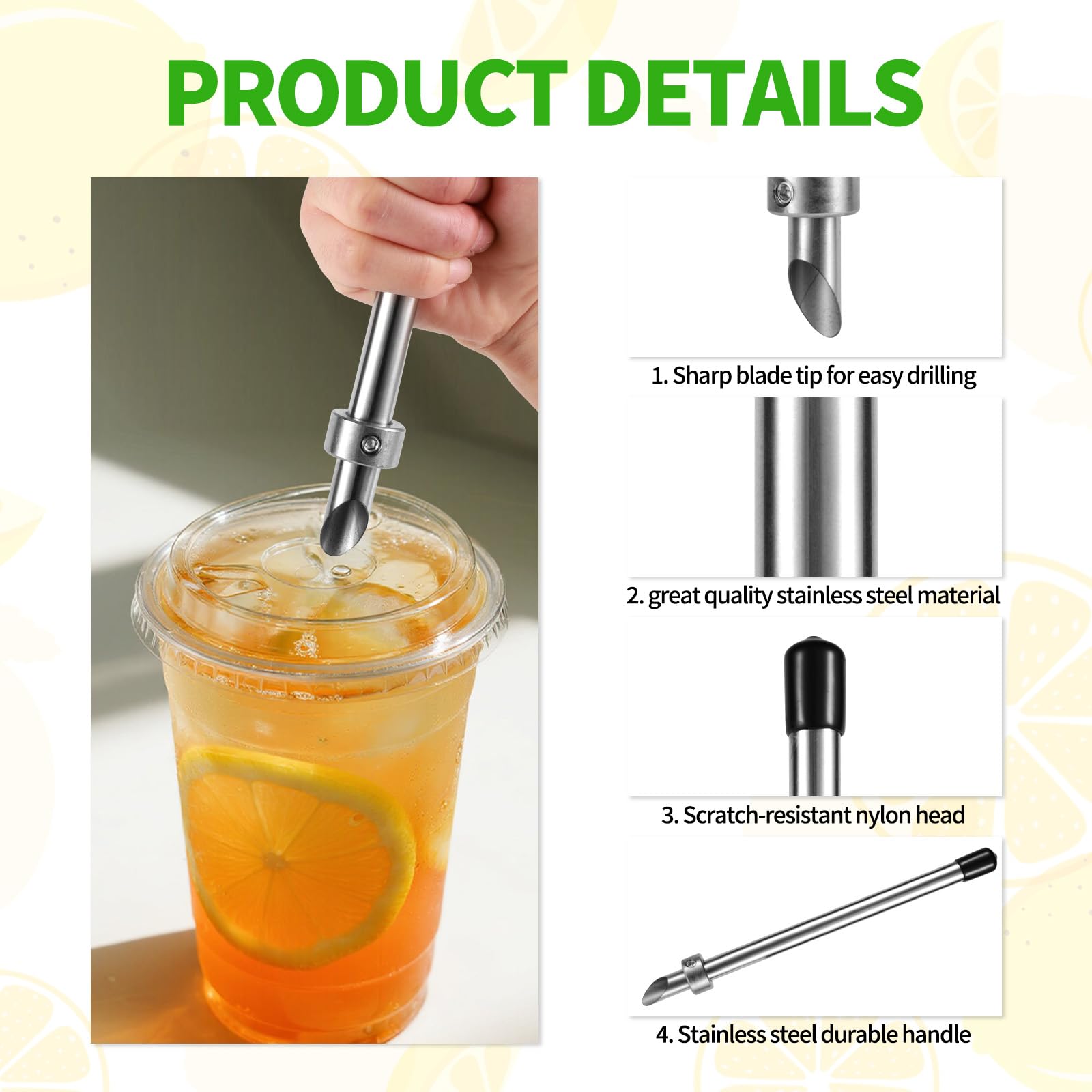 2pcs Straw Puncher for Plastic Lids Lemonade, 8.7in Straw Hole Puncher with Cleaning Brush Stainless Steel Cup Lid Hole Punch Tools Stand Supplies for Drinks Cafe Fresh Squeezed Lemonade - Image 4